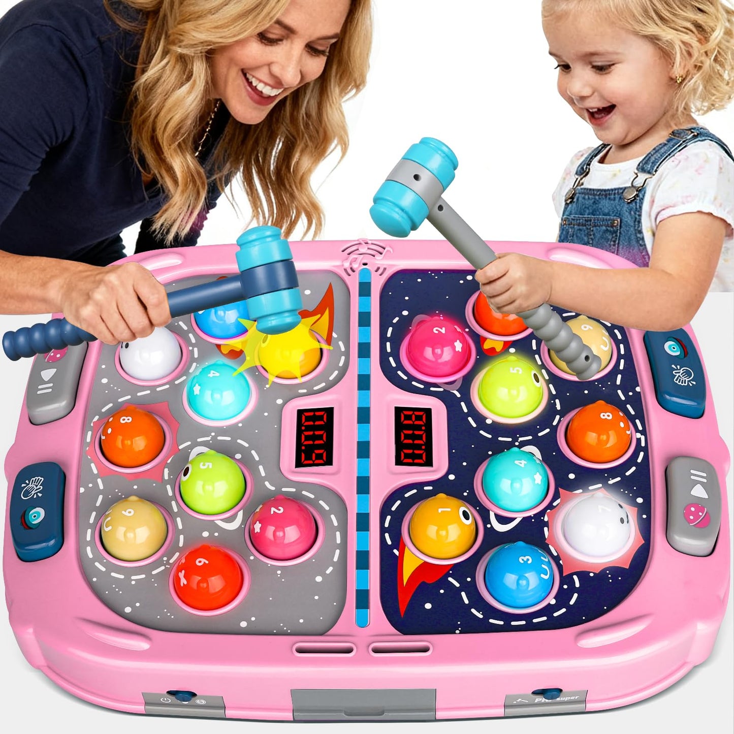 TooLion 2-Player Whack Mole Toy – 3 Modes, Sound & Light (Pink)