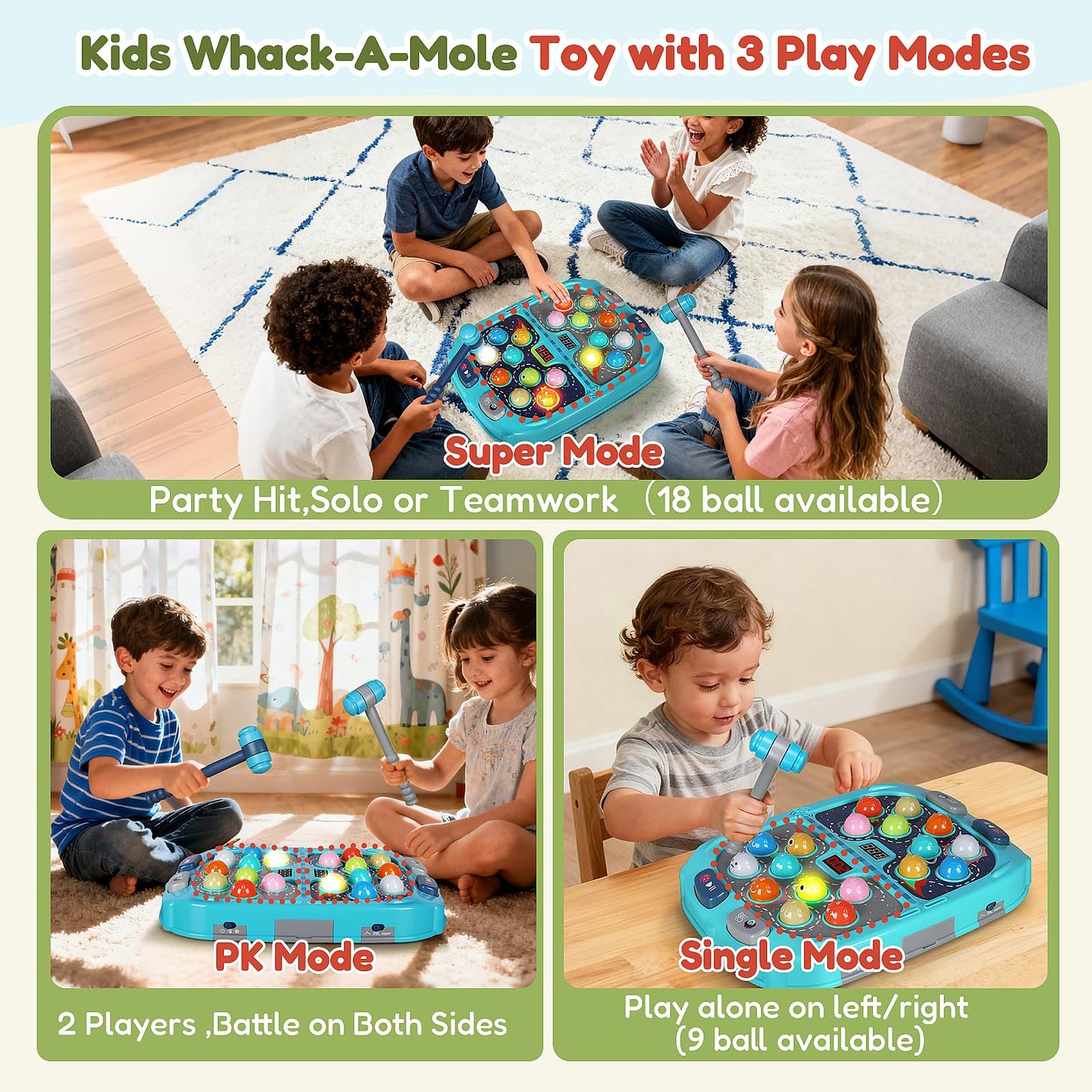TooLion 2-Player Whack Mole Game – 2 Hammers, 3 Modes, Sound & Light
