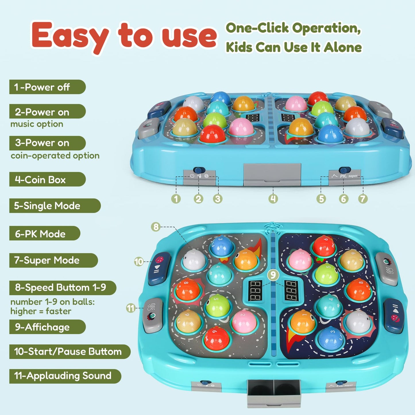 TooLion 2-Player Whack Mole Game – 2 Hammers, 3 Modes, Sound & Light