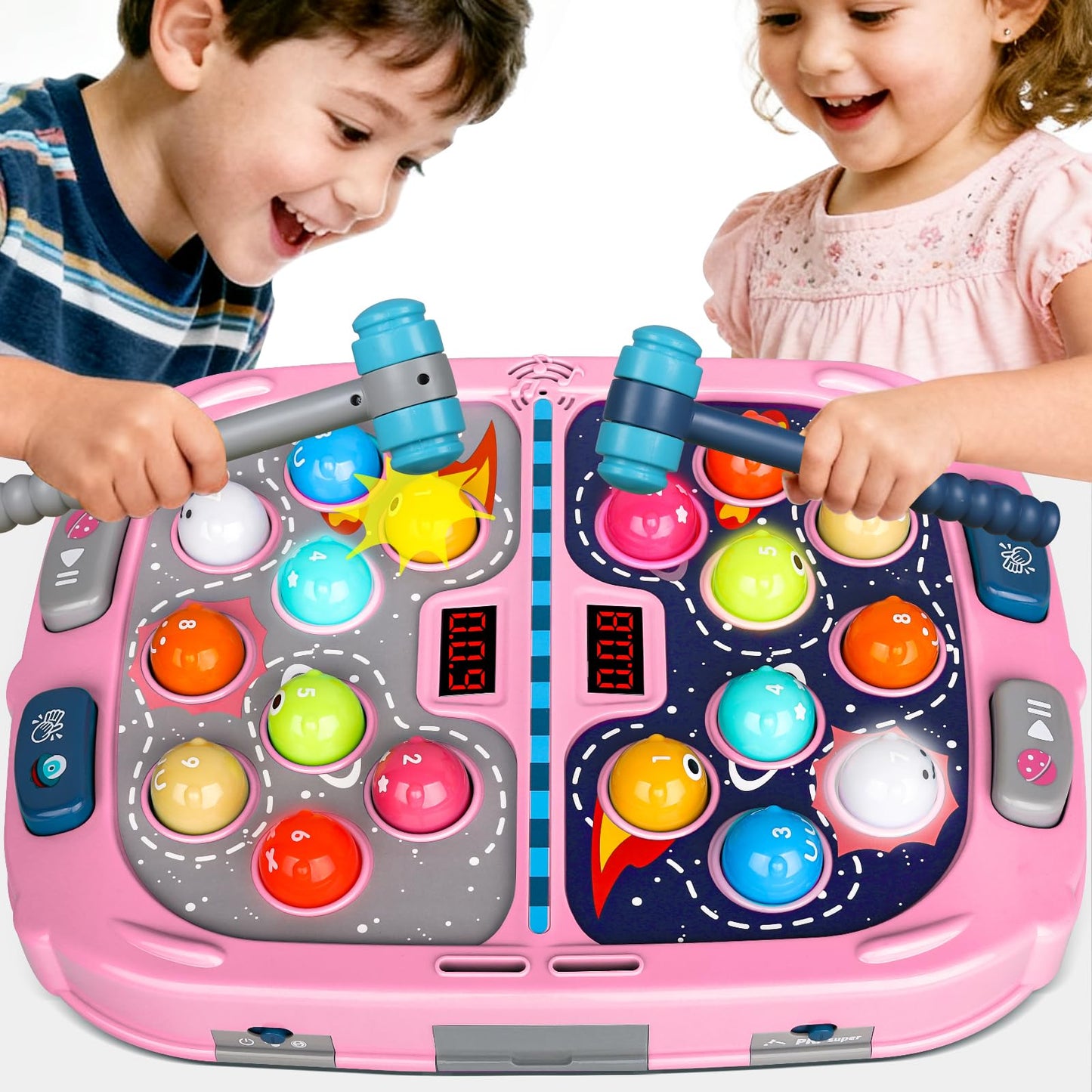 TooLion 2-Player Whack Mole Toy – 3 Modes, Sound & Light (Pink)