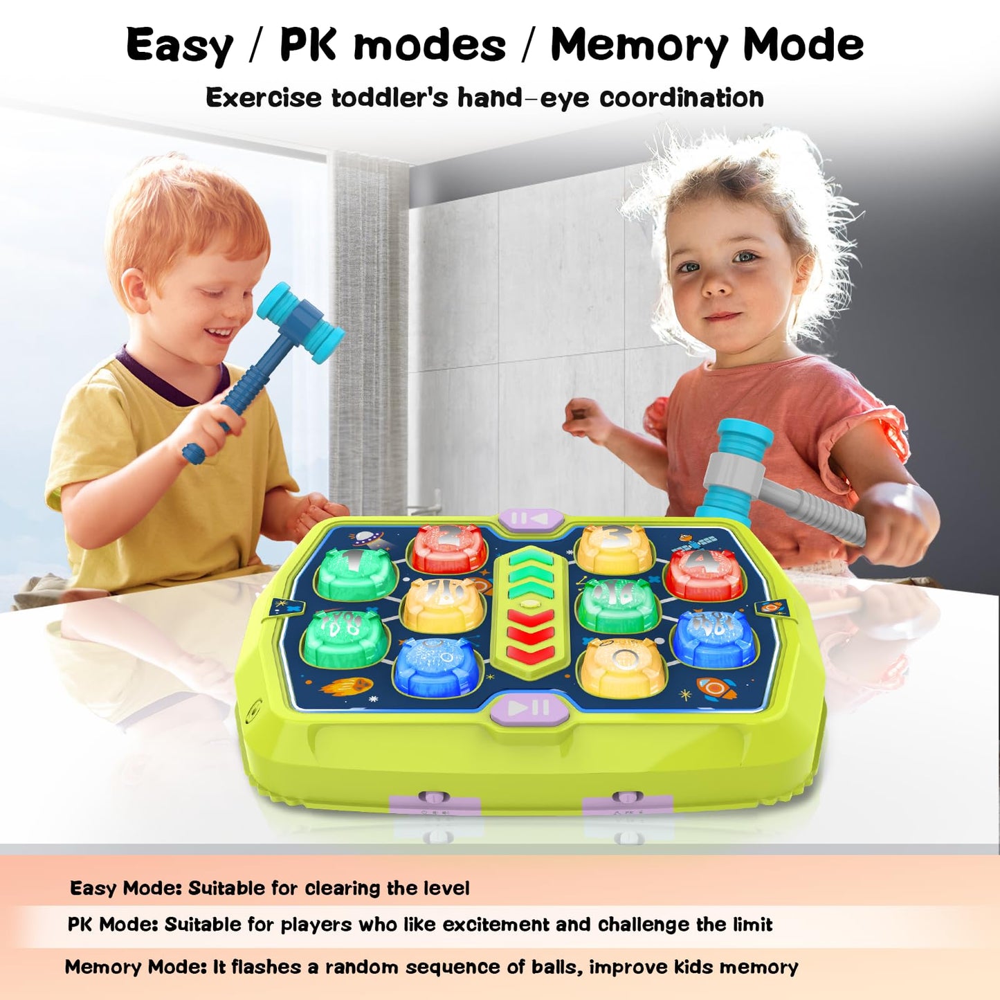 TooLion Hammer Mole Game for Toddlers & Kids 3-8 — 3 Modes, Lights & Sounds