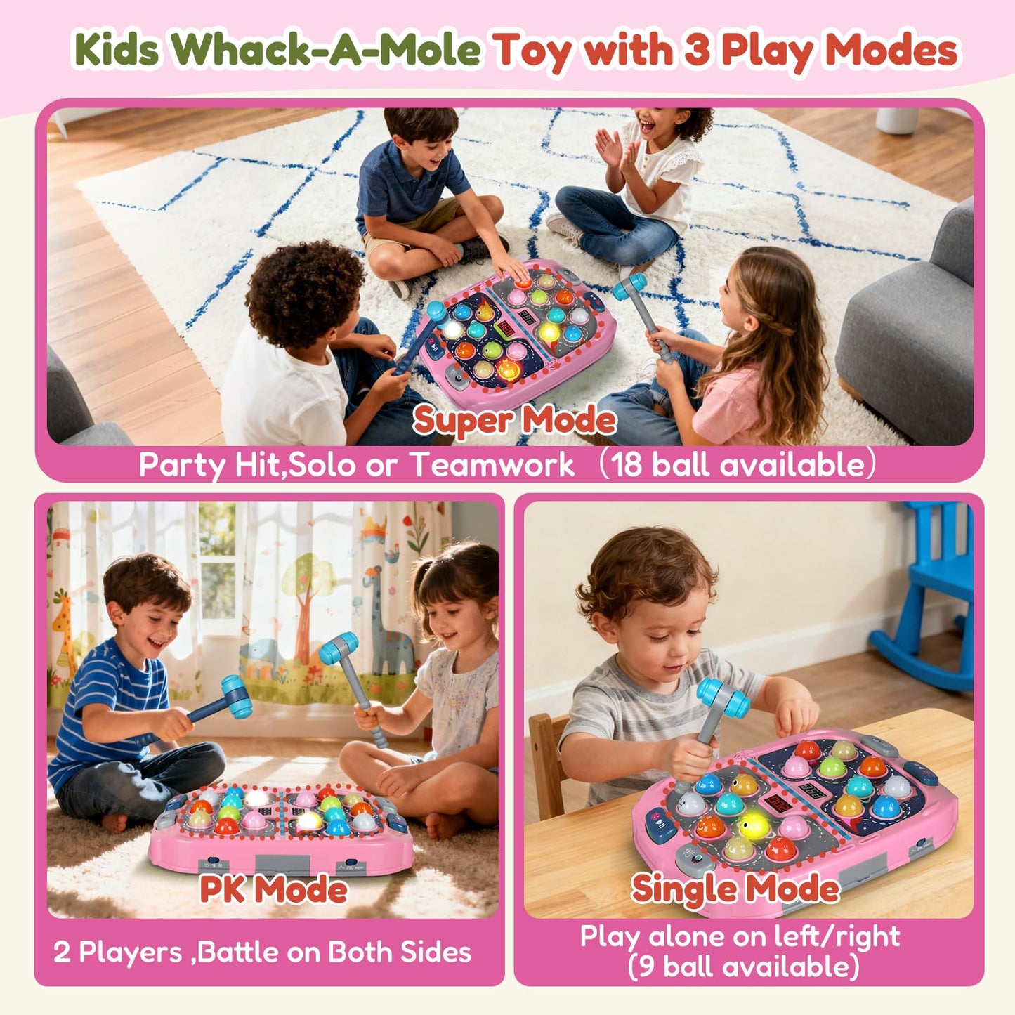 TooLion 2-Player Whack Mole Toy – 3 Modes, Sound & Light (Pink)