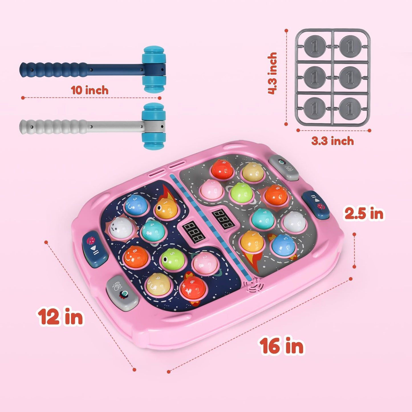 TooLion 2-Player Whack Mole Toy – 3 Modes, Sound & Light (Pink)