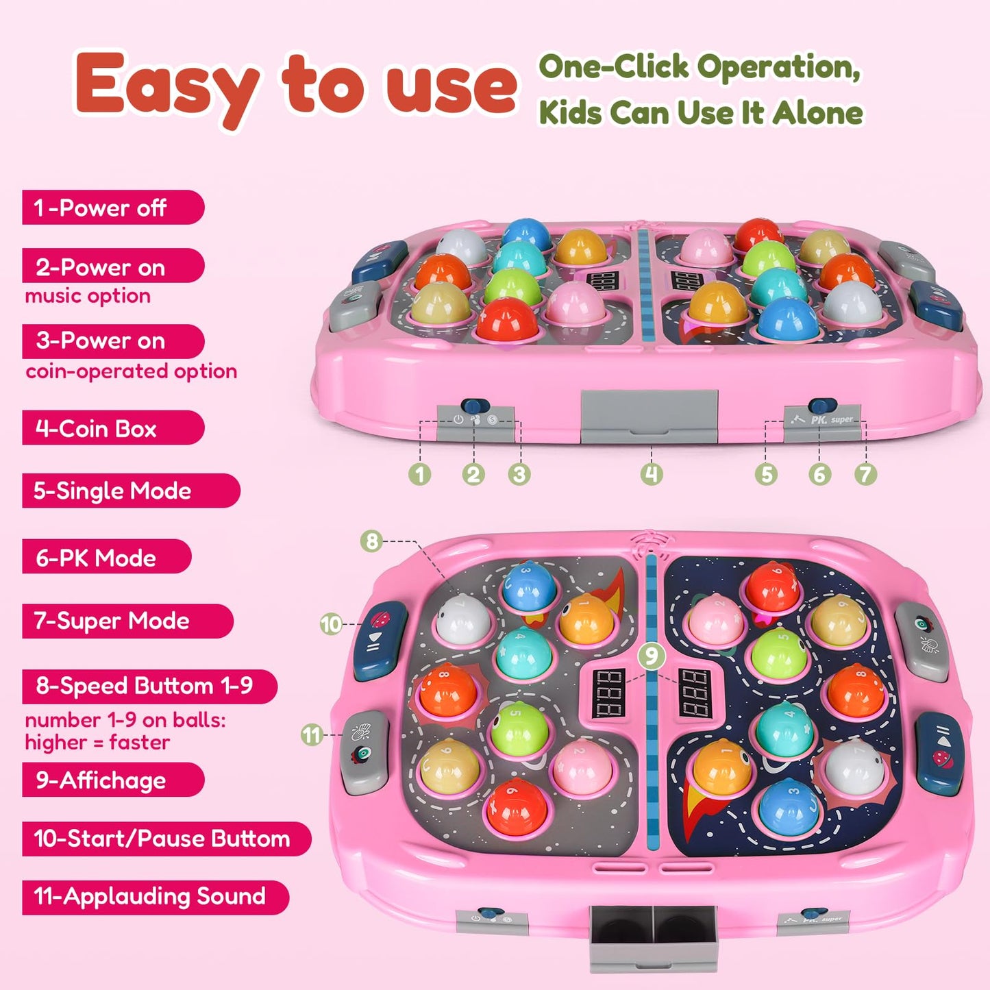 TooLion 2-Player Whack Mole Toy – 3 Modes, Sound & Light (Pink)