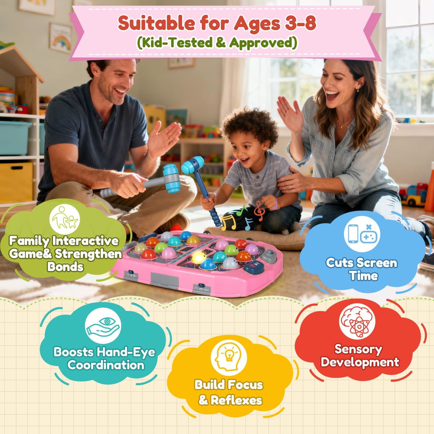 TooLion 2-Player Whack Mole Toy – 3 Modes, Sound & Light (Pink)