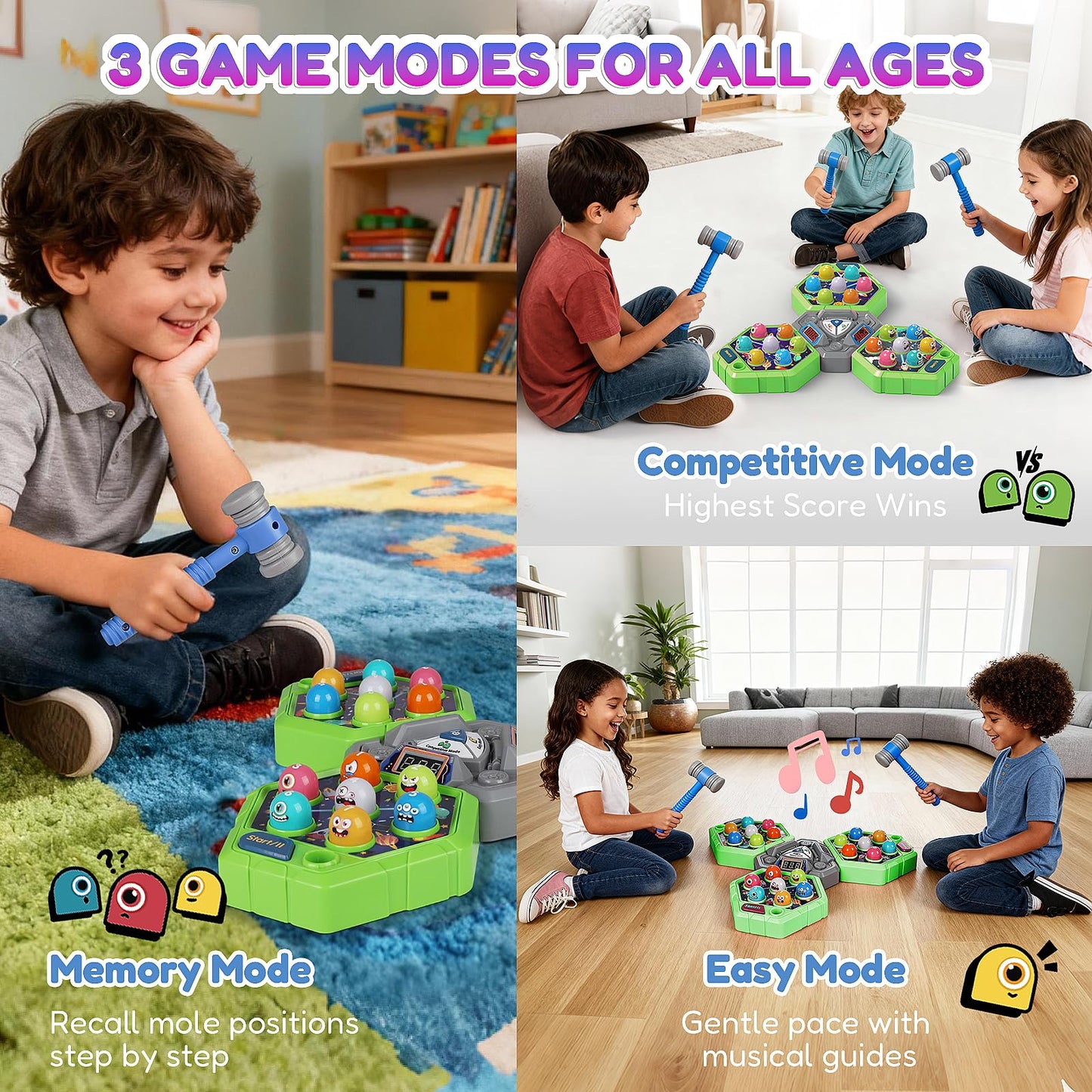 TooLion 3-Player Whack Game Mole – Safe, Educational Multi-Board Toy for 3–12 Year Olds