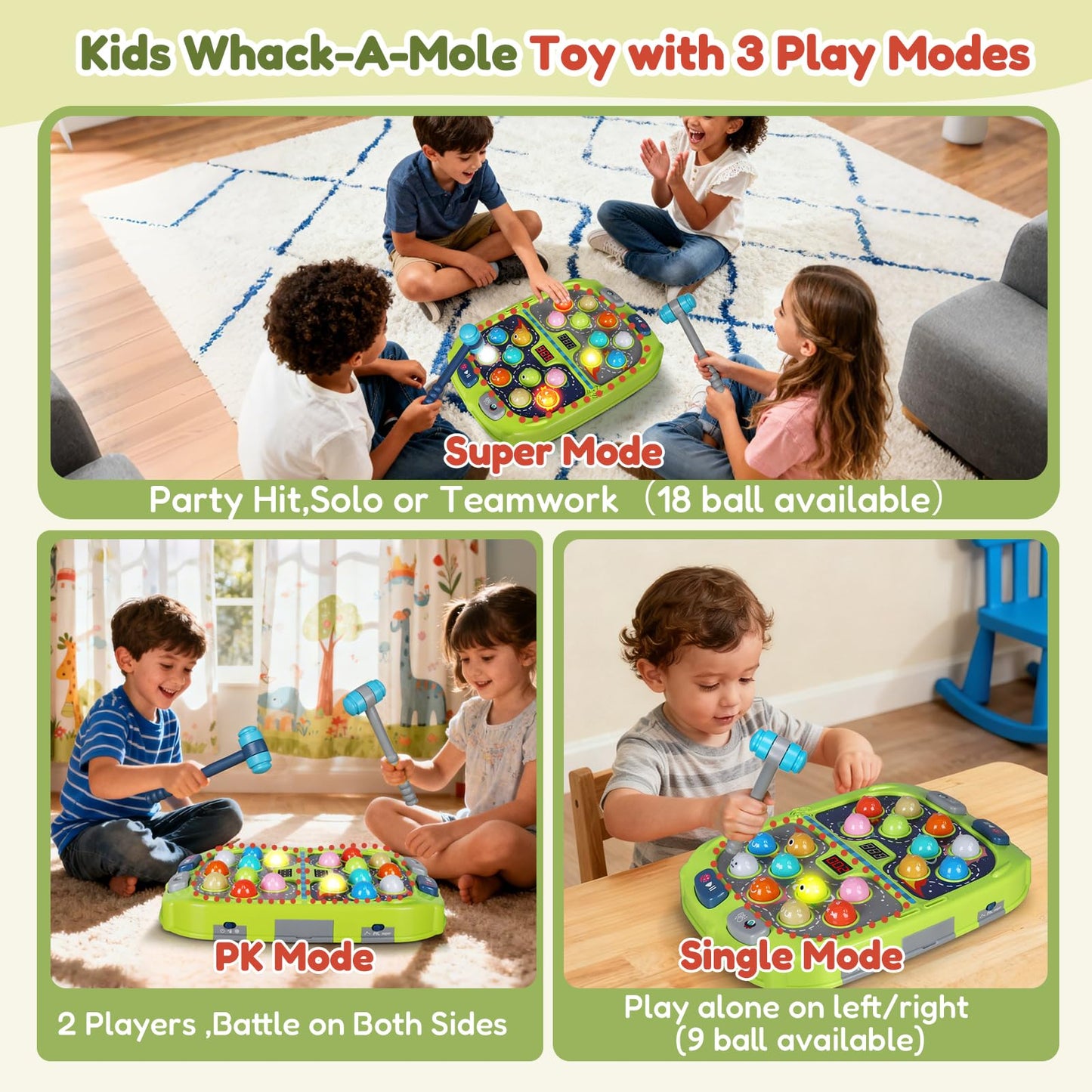 TooLion 2-Player Whack Mole – Educational Kids Toy with 3 Modes, Sound & Light