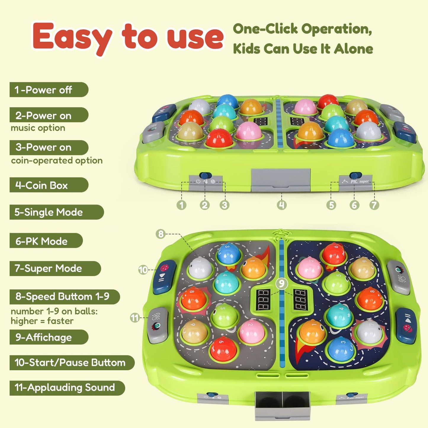 TooLion 2-Player Whack Mole – Educational Kids Toy with 3 Modes, Sound & Light