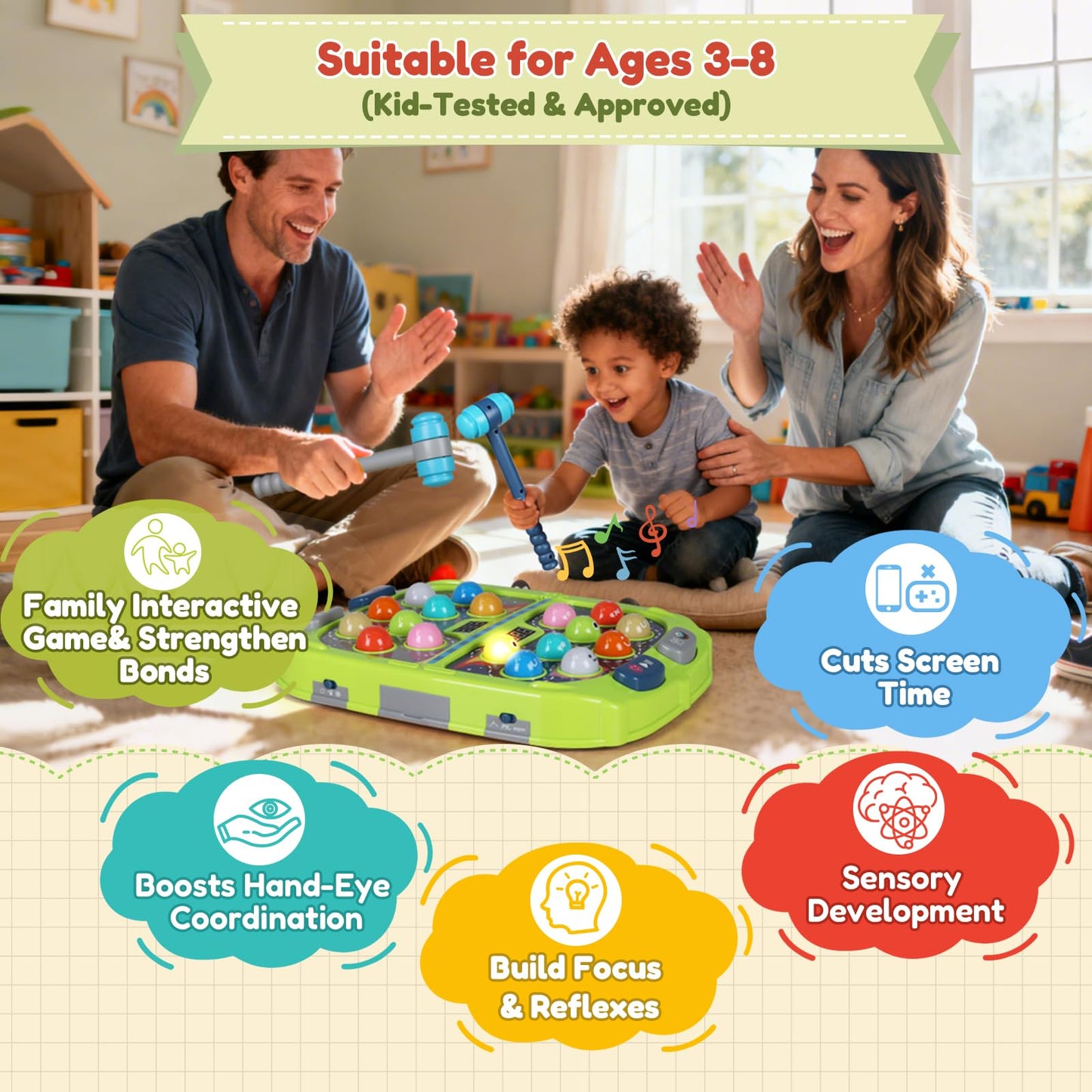 TooLion 2-Player Whack Mole – Educational Kids Toy with 3 Modes, Sound & Light
