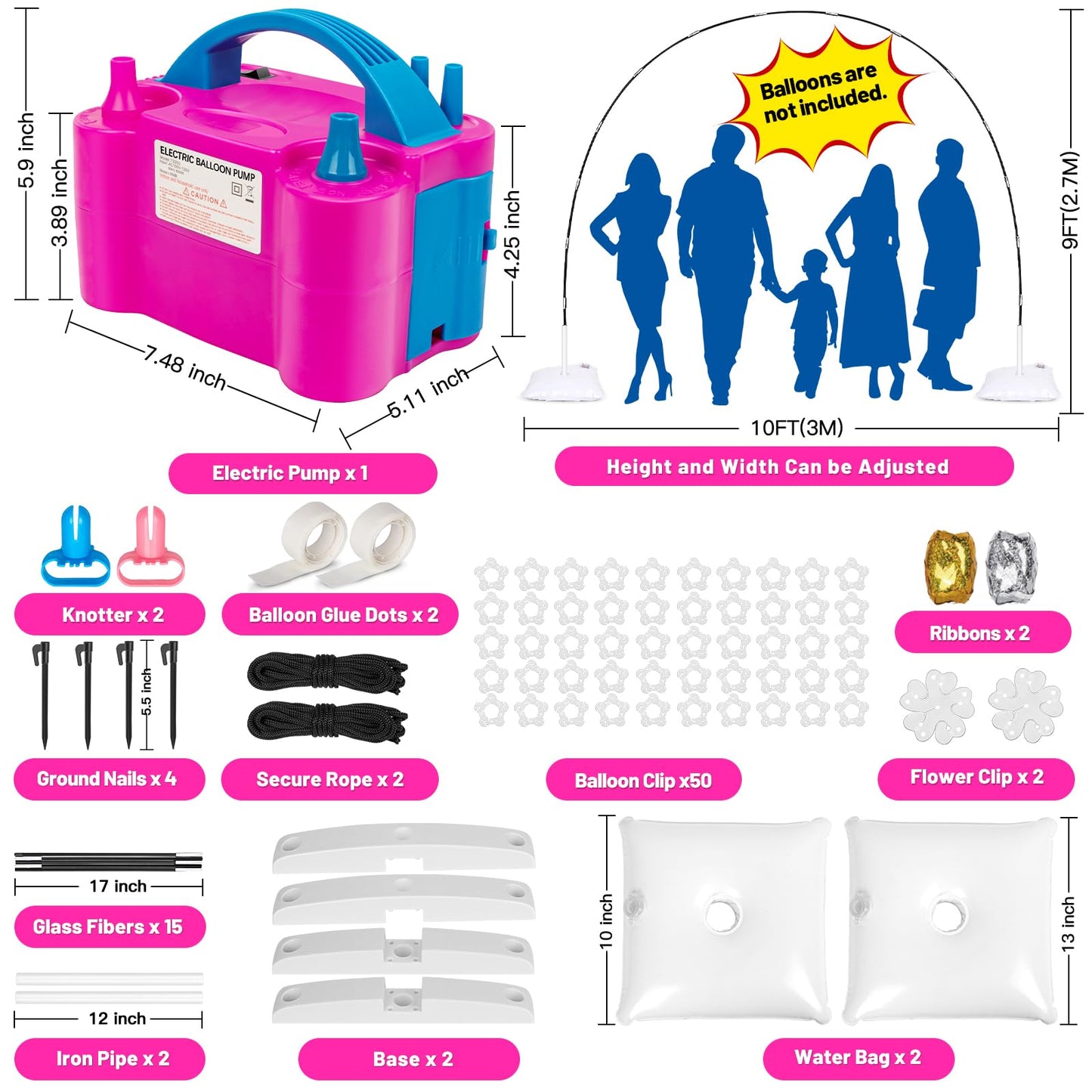 Toosci Balloon Arch Kit & Pump — Adjustable 9ft Tall x 10ft Wide Stand