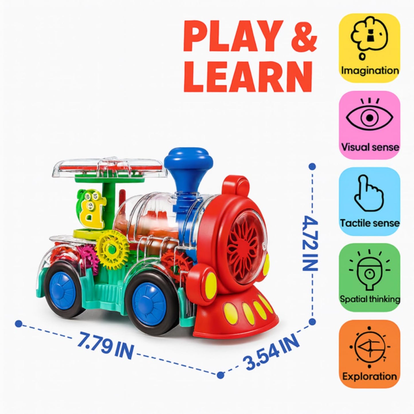 Tooty Toy Transparent Sensory Train Toy — LED Light, Music & Colorful Gears for Toddlers
