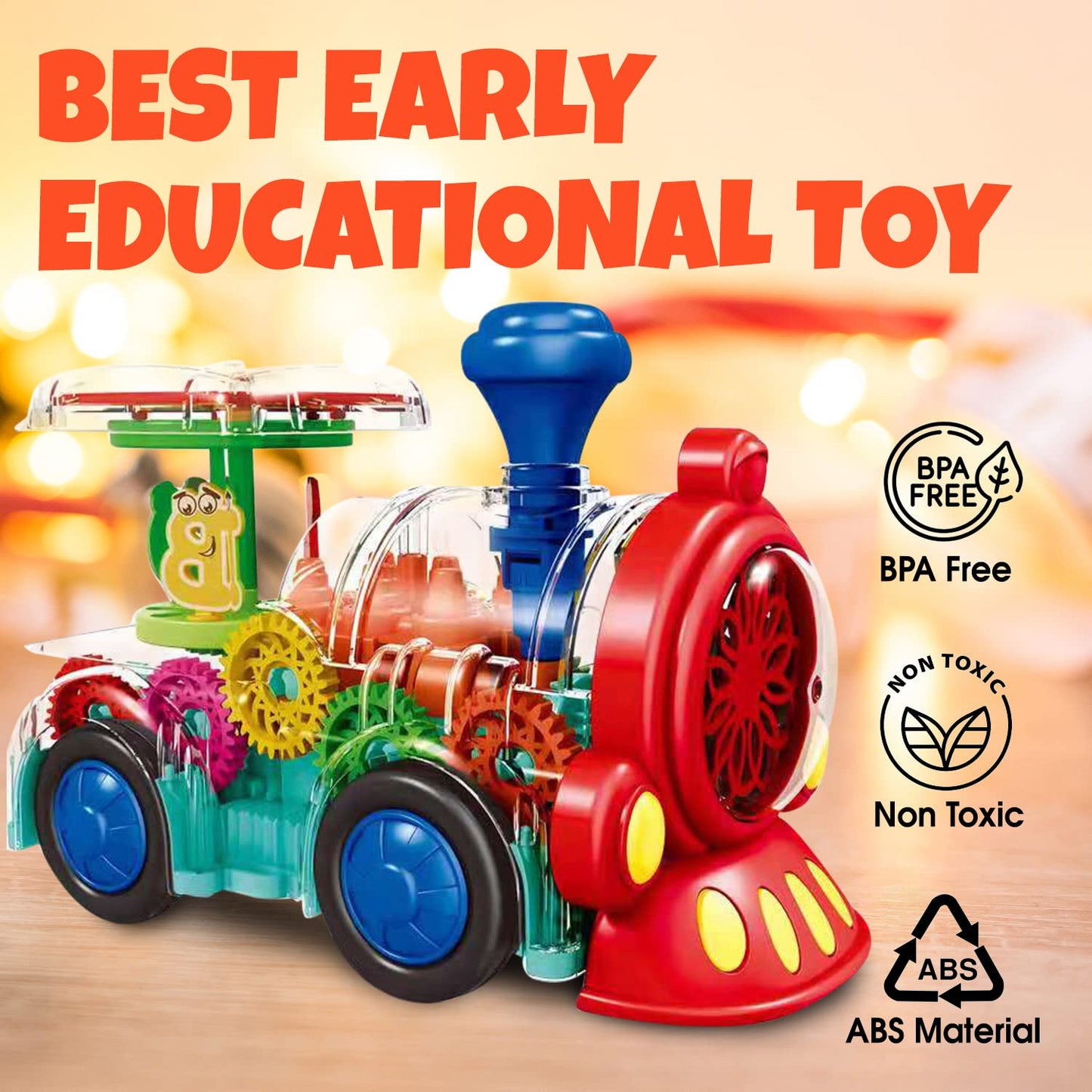 Tooty Toy Transparent Sensory Train Toy — LED Light, Music & Colorful Gears for Toddlers
