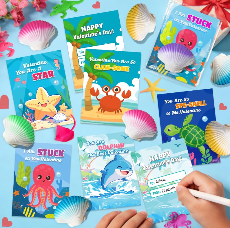 TooyBing Valentines Day Cards for Kids – 30-Pack Seashell Gifts with Marine Life Blind Boxes