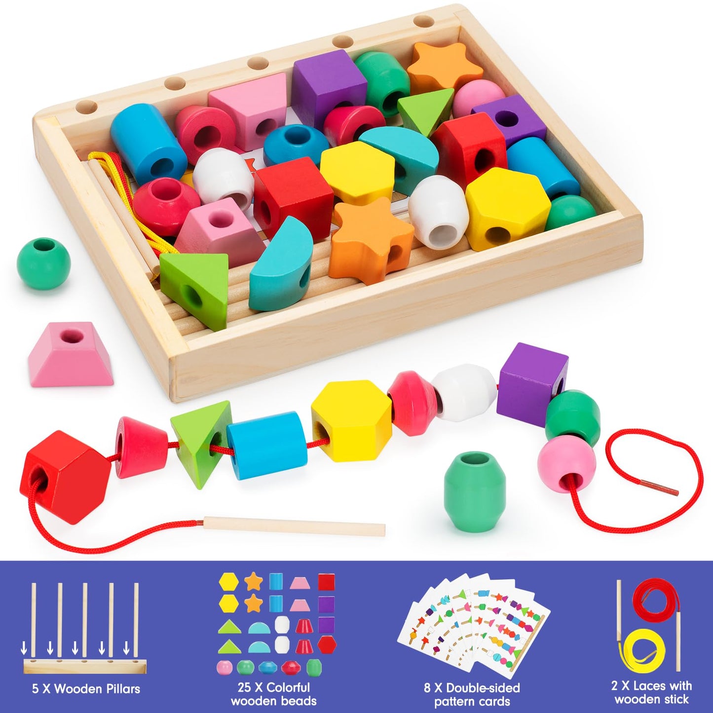TooyBing Montessori Wooden Lacing Beads – Sequencing & Stacking Toy for 3-4 Year Olds