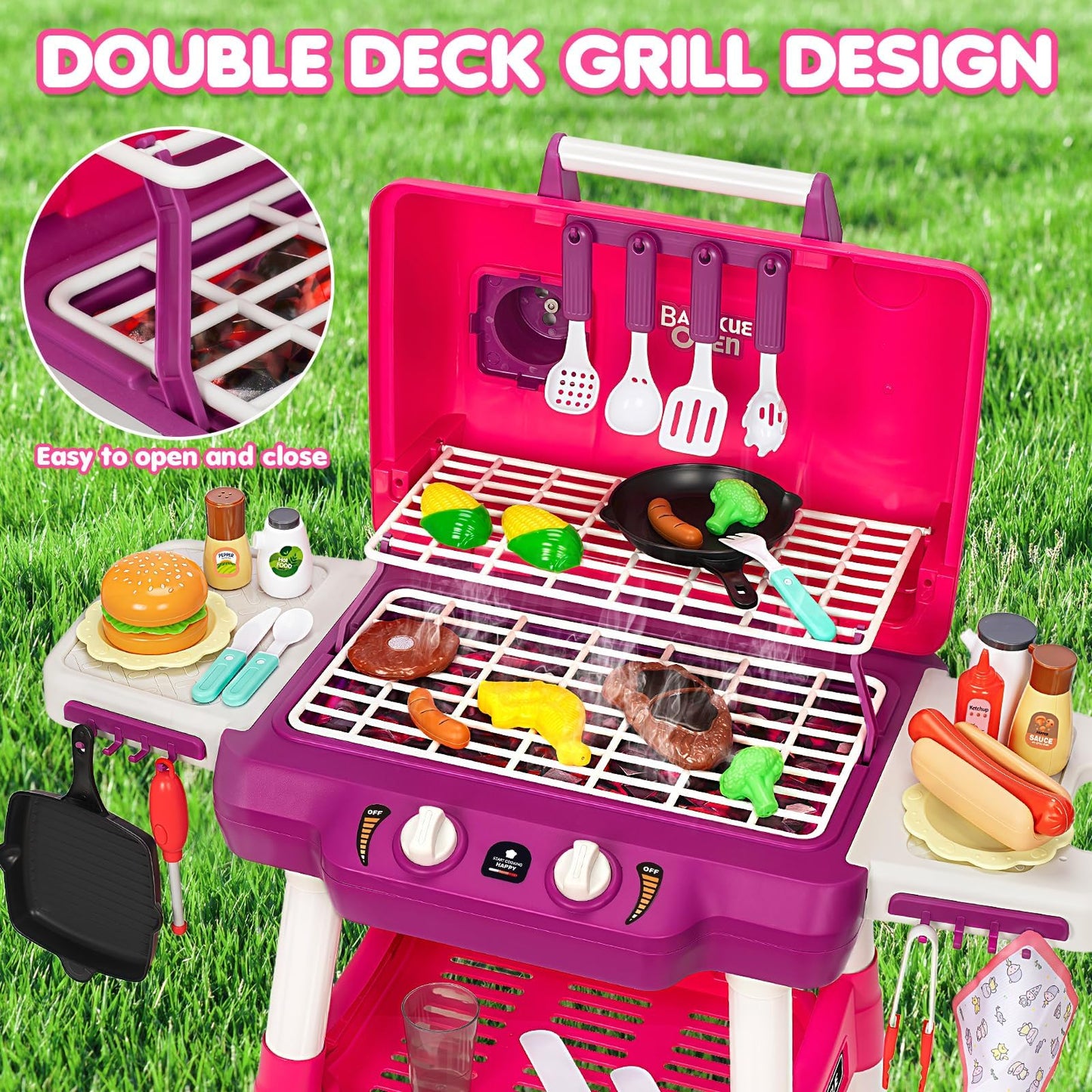 TooyBing Kids BBQ Grill Playset with Smoke Sound & Wheels - 2-Layer Outdoor Toy for Ages 3-5 (Pink)