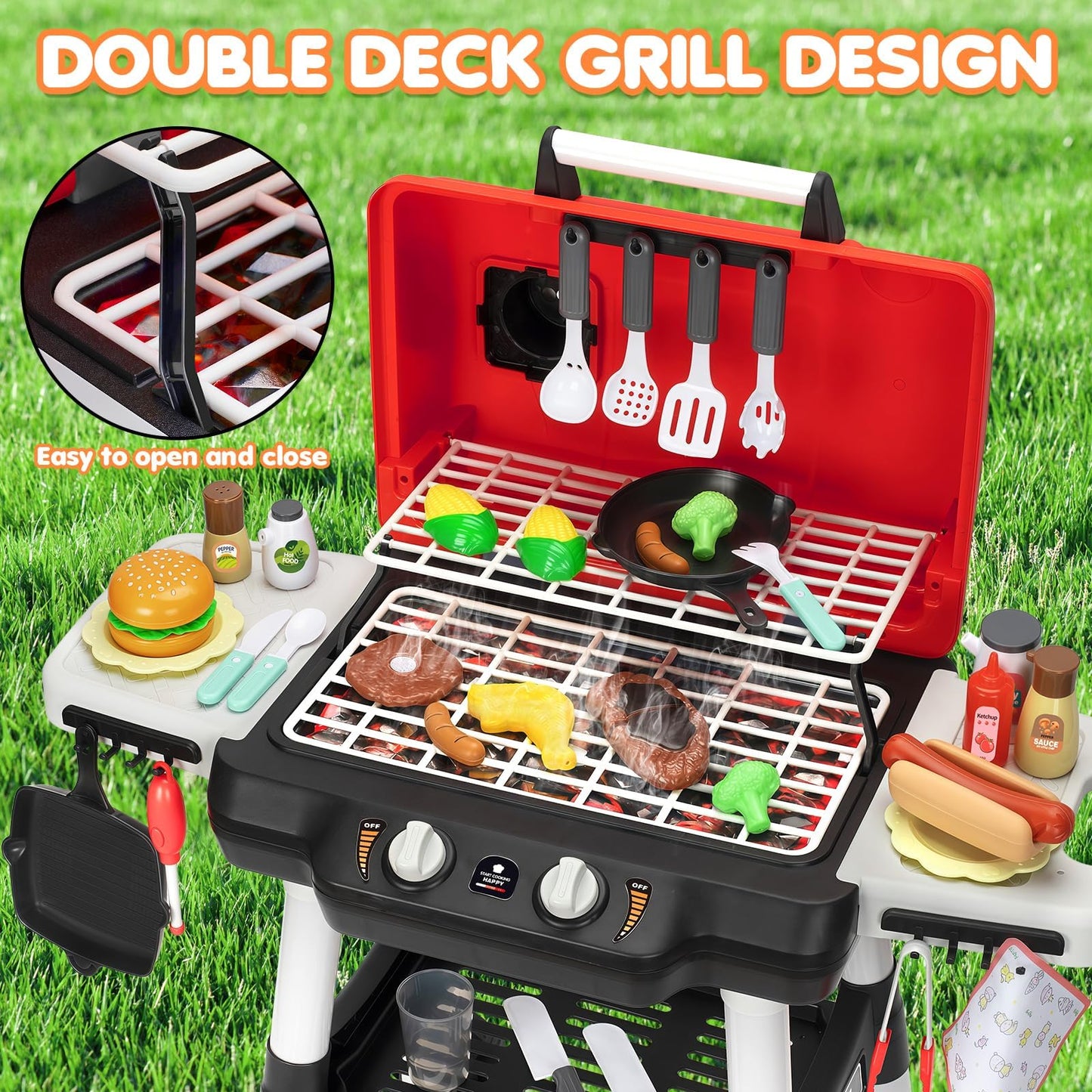 TooyBing Kids BBQ Grill Playset with Smoke & Lights | 2-Layer Outdoor Kitchen Toy for Toddlers 3-5