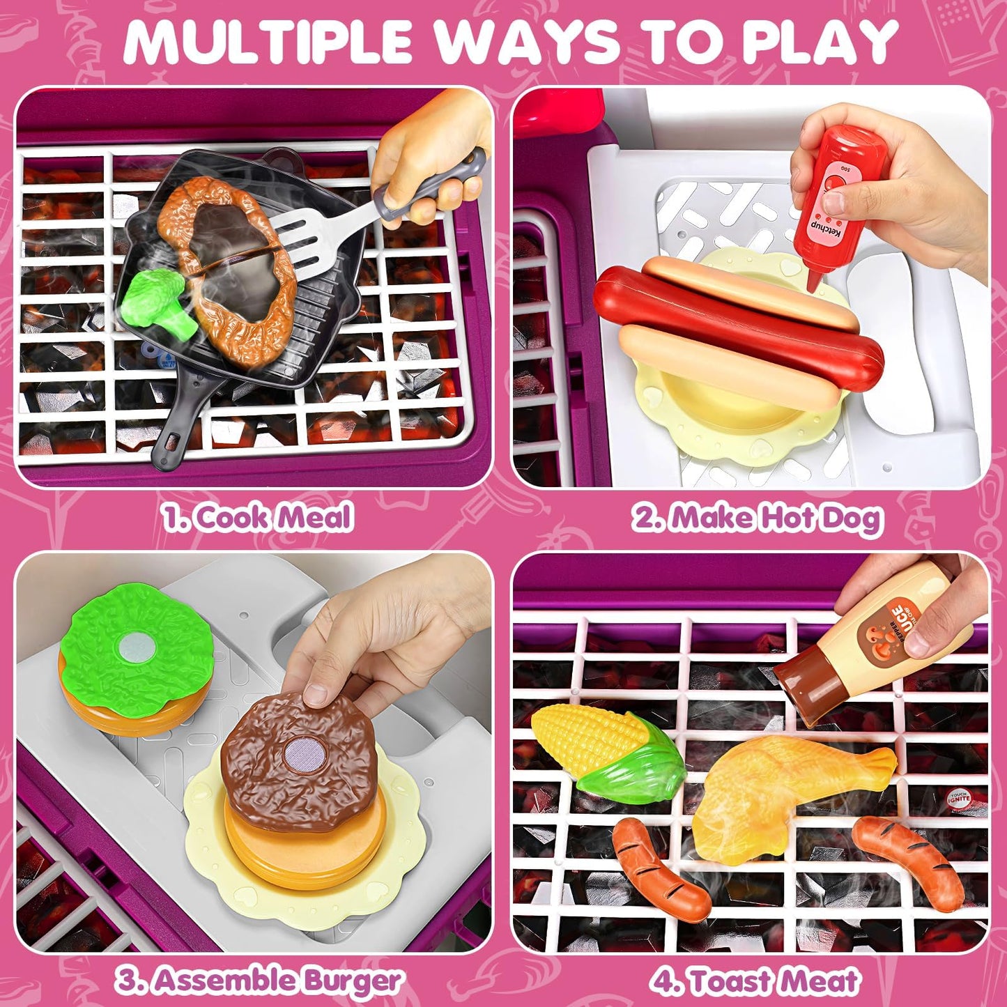 TooyBing Kids BBQ Grill Playset with Smoke Sound & Wheels - 2-Layer Outdoor Toy for Ages 3-5 (Pink)