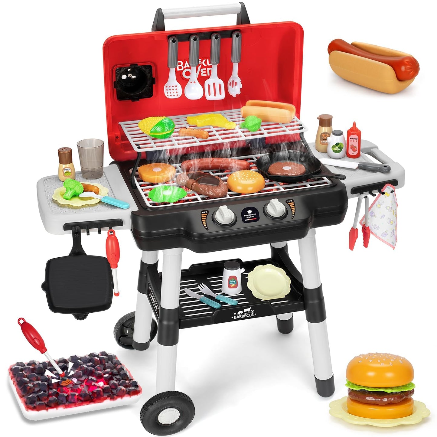 TooyBing Kids BBQ Grill Playset with Smoke & Lights | 2-Layer Outdoor Kitchen Toy for Toddlers 3-5
