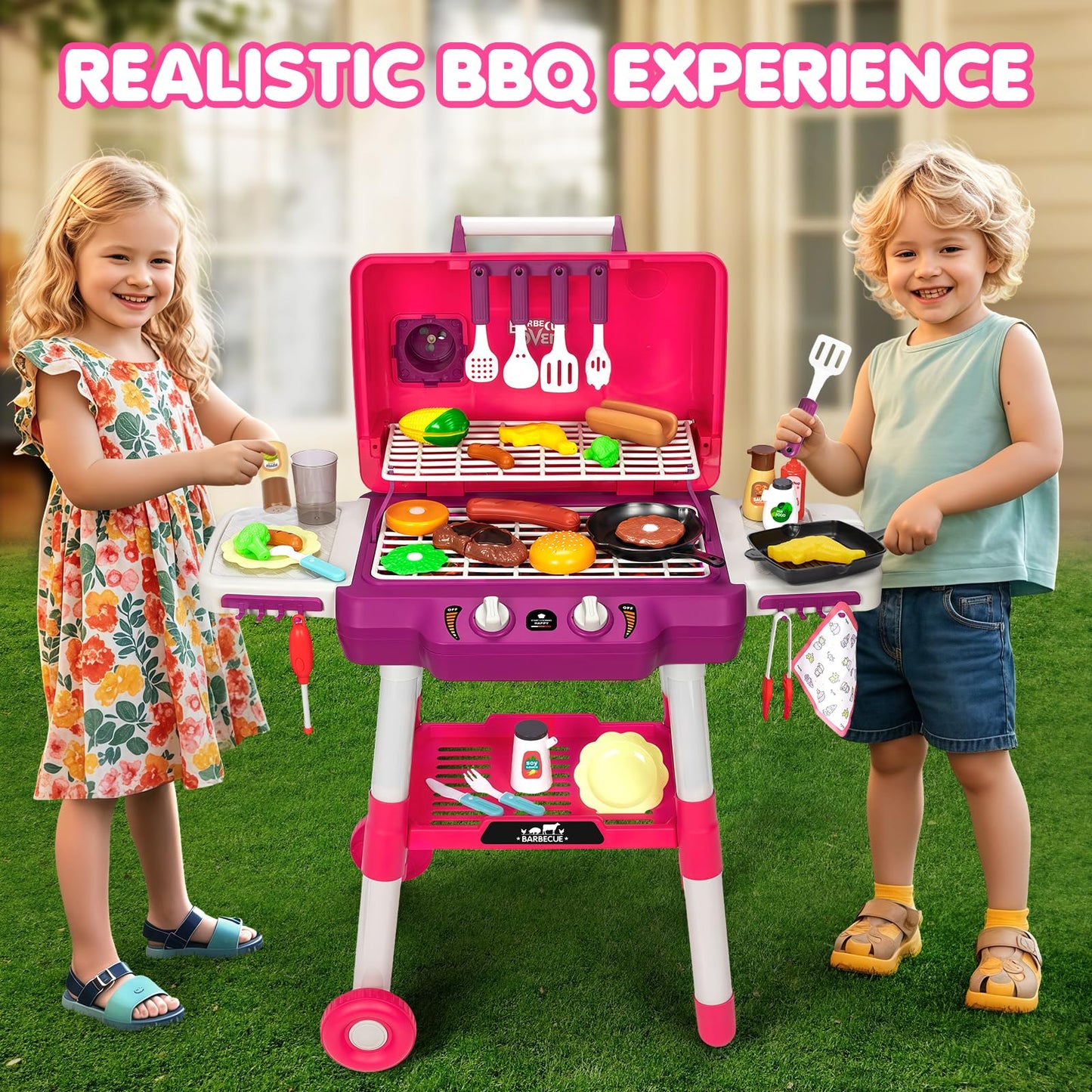 TooyBing Kids BBQ Grill Playset with Smoke Sound & Wheels - 2-Layer Outdoor Toy for Ages 3-5 (Pink)