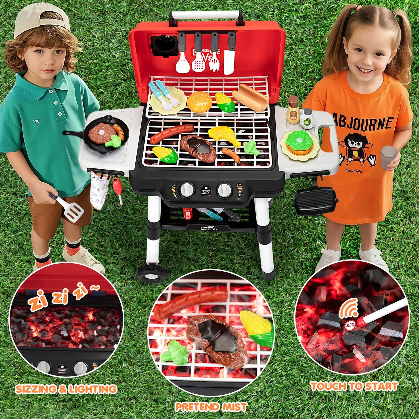 TooyBing Kids BBQ Grill Playset with Smoke & Lights | 2-Layer Outdoor Kitchen Toy for Toddlers 3-5
