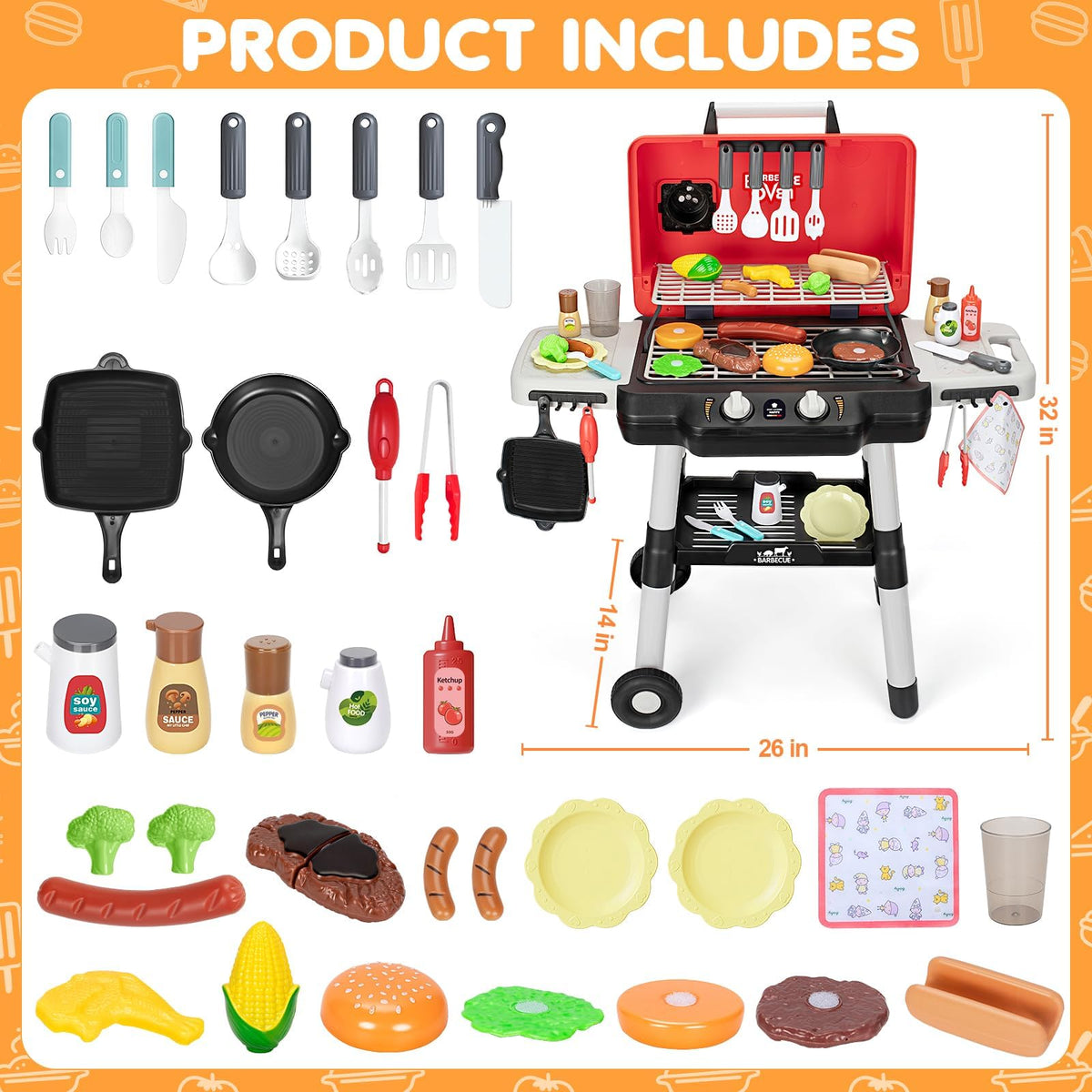 TooyBing Kids BBQ Grill Playset with Smoke & Lights | 2-Layer Outdoor Kitchen Toy for Toddlers 3-5