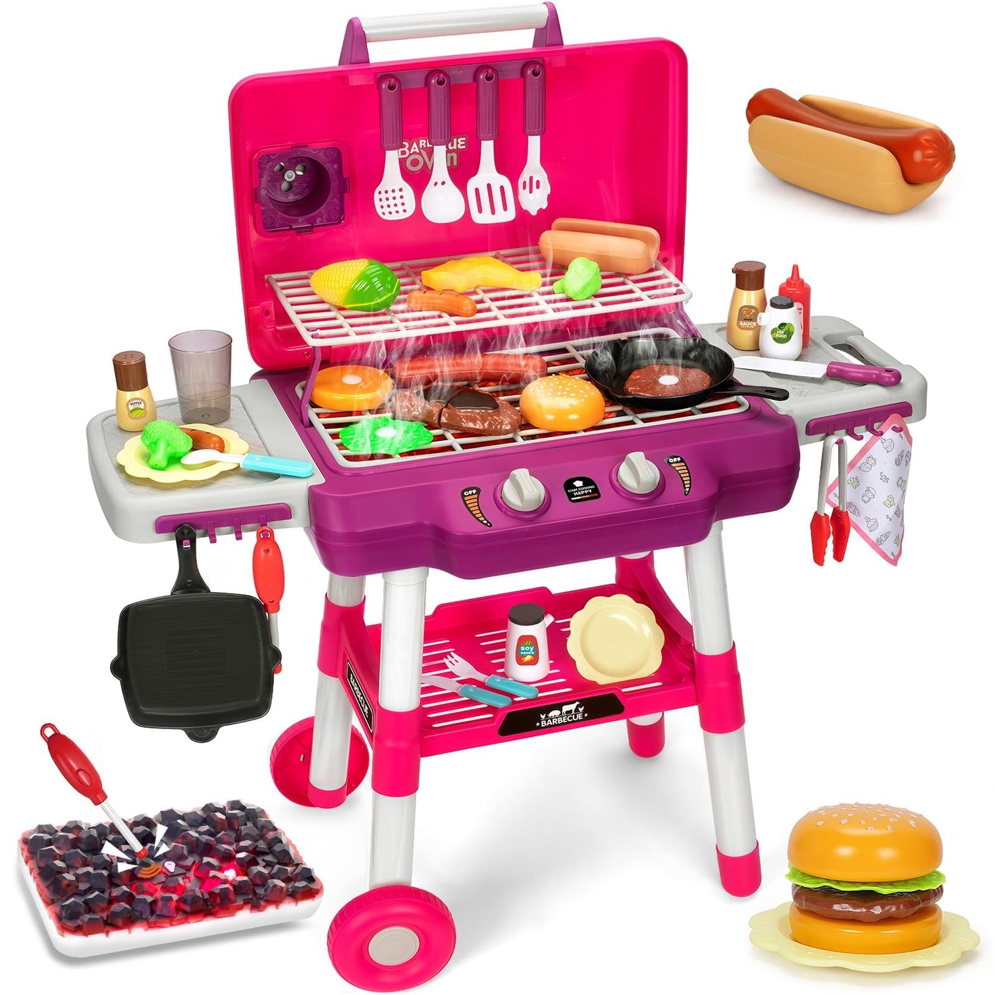 TooyBing Kids BBQ Grill Playset with Smoke Sound & Wheels - 2-Layer Outdoor Toy for Ages 3-5 (Pink)