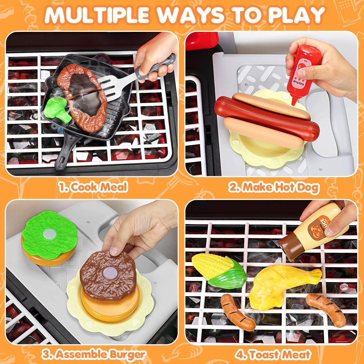 TooyBing Kids BBQ Grill Playset with Smoke & Lights | 2-Layer Outdoor Kitchen Toy for Toddlers 3-5