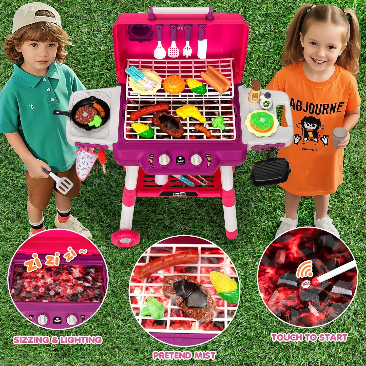 TooyBing Kids BBQ Grill Playset with Smoke Sound & Wheels - 2-Layer Outdoor Toy for Ages 3-5 (Pink)