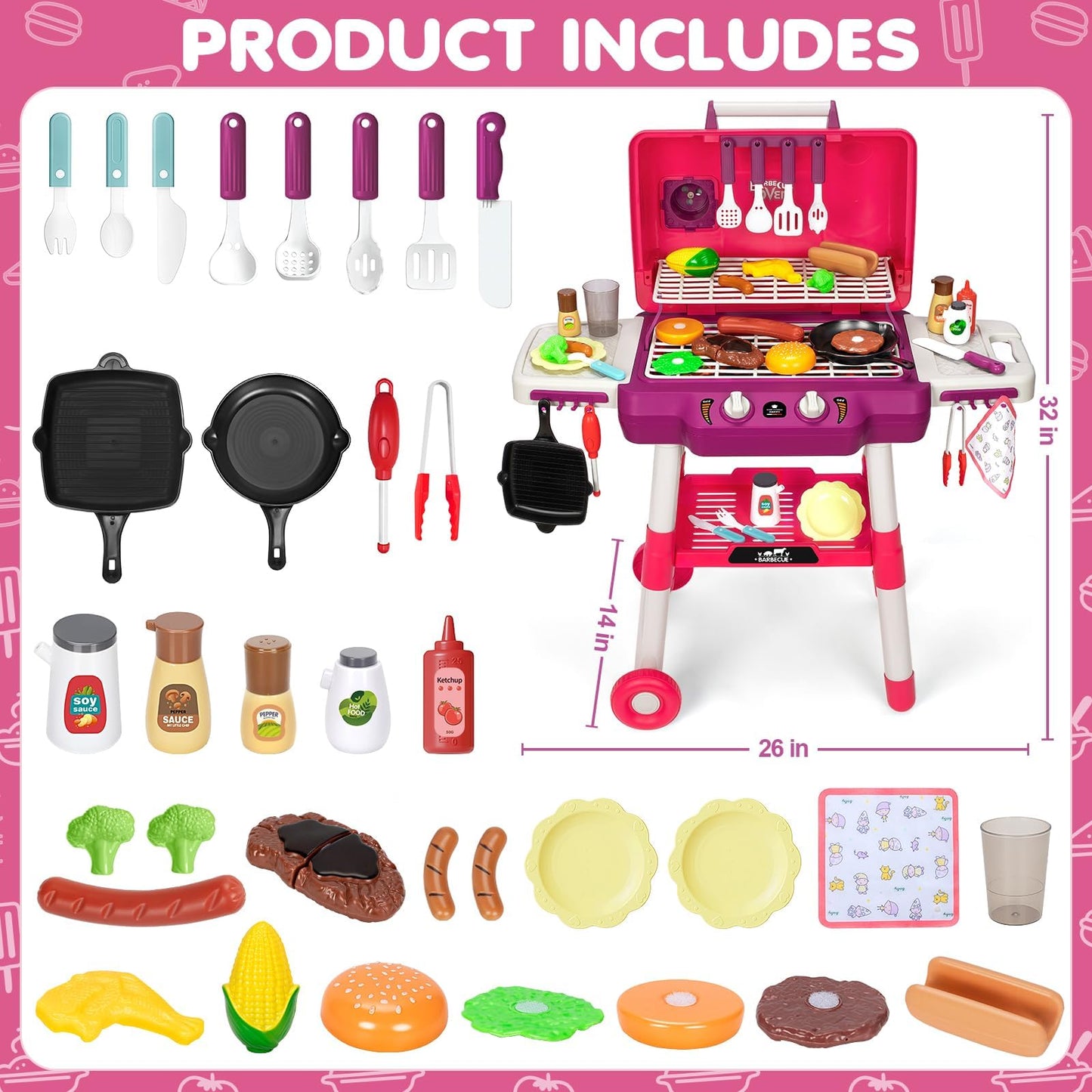 TooyBing Kids BBQ Grill Playset with Smoke Sound & Wheels - 2-Layer Outdoor Toy for Ages 3-5 (Pink)