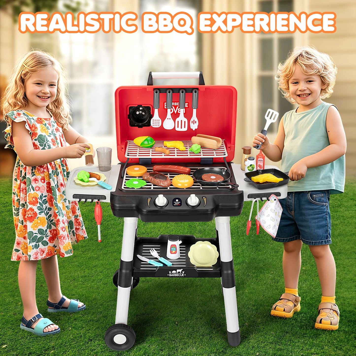 TooyBing Kids BBQ Grill Playset with Smoke & Lights | 2-Layer Outdoor Kitchen Toy for Toddlers 3-5