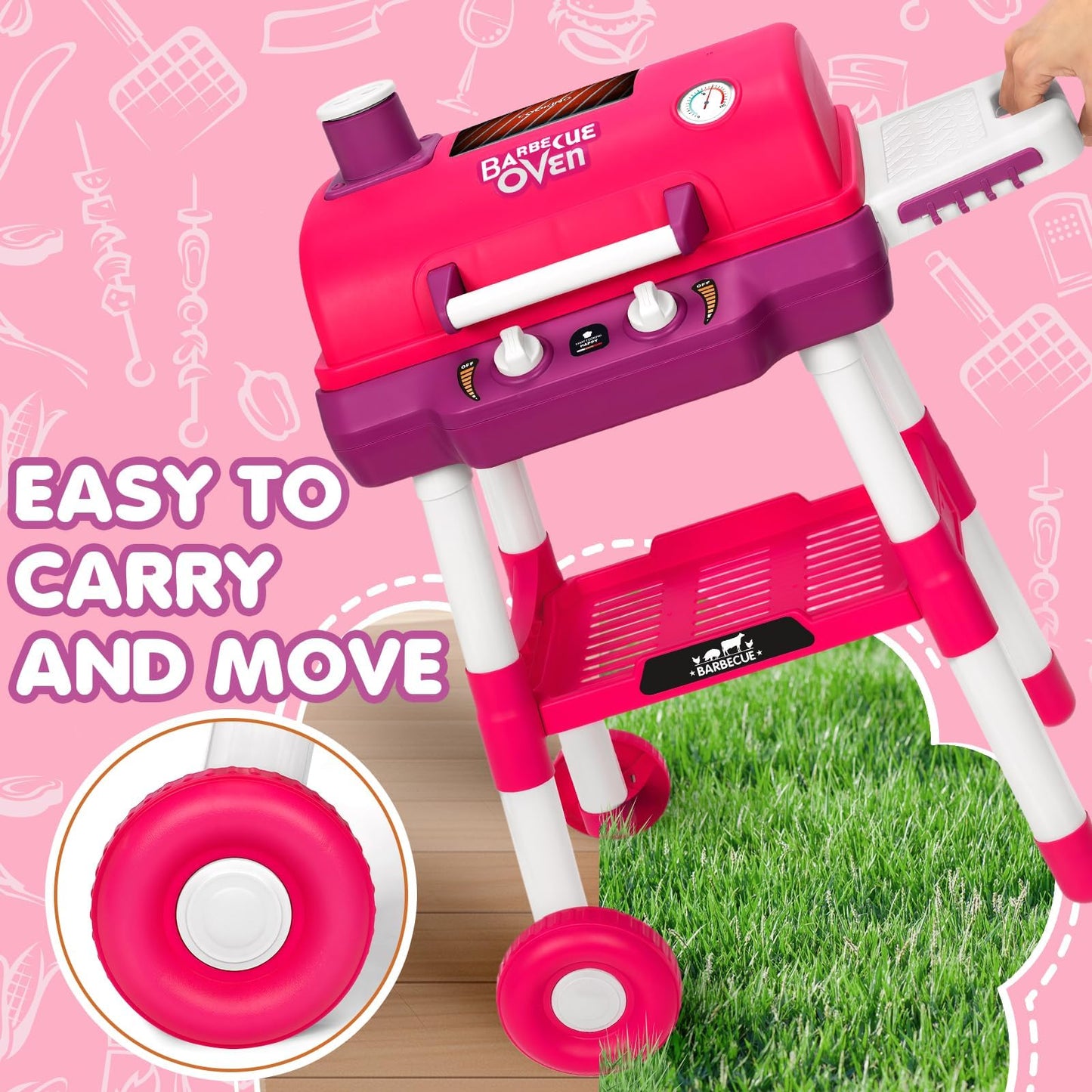 TooyBing Kids BBQ Grill Playset with Smoke Sound & Wheels - 2-Layer Outdoor Toy for Ages 3-5 (Pink)