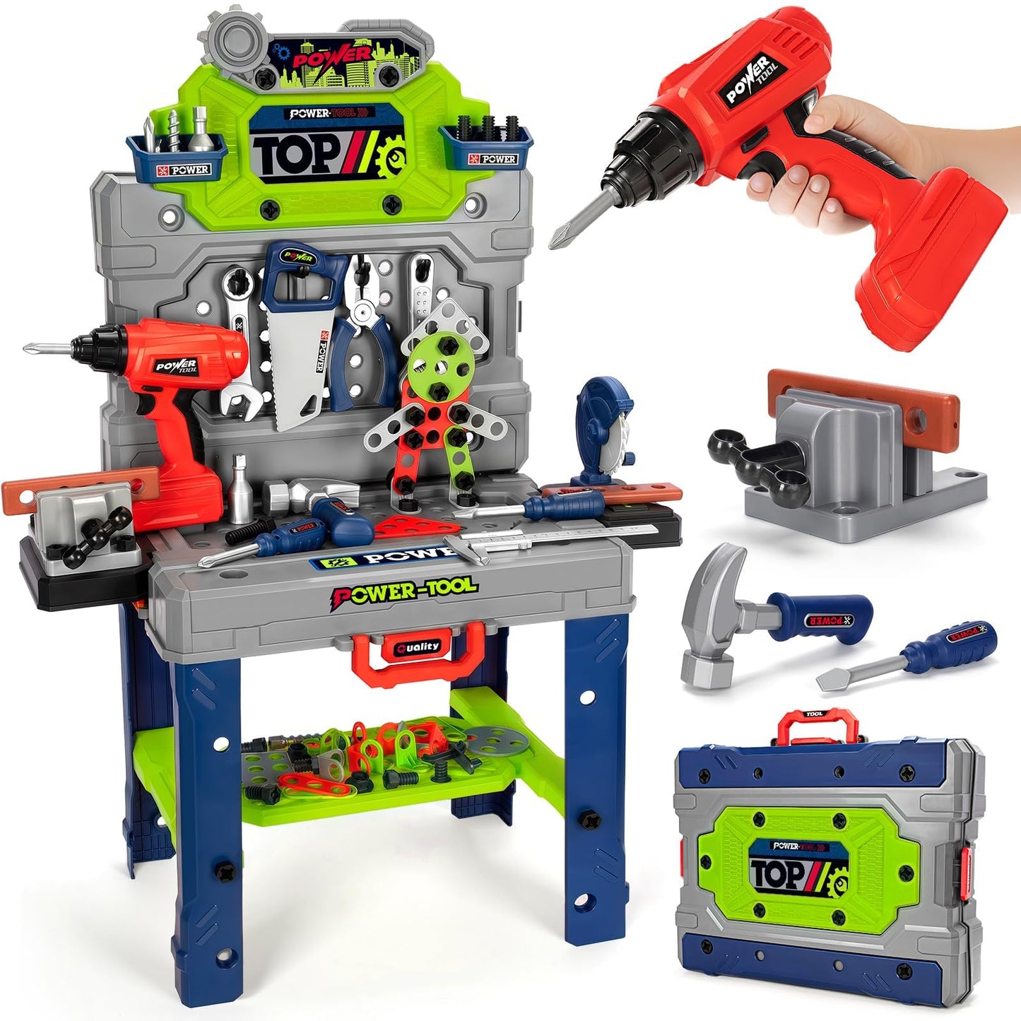 TooyBing Kids Tool Bench Set with Electric Drill – 132-Piece Toddler Construction Toy for 3-5 Year Olds