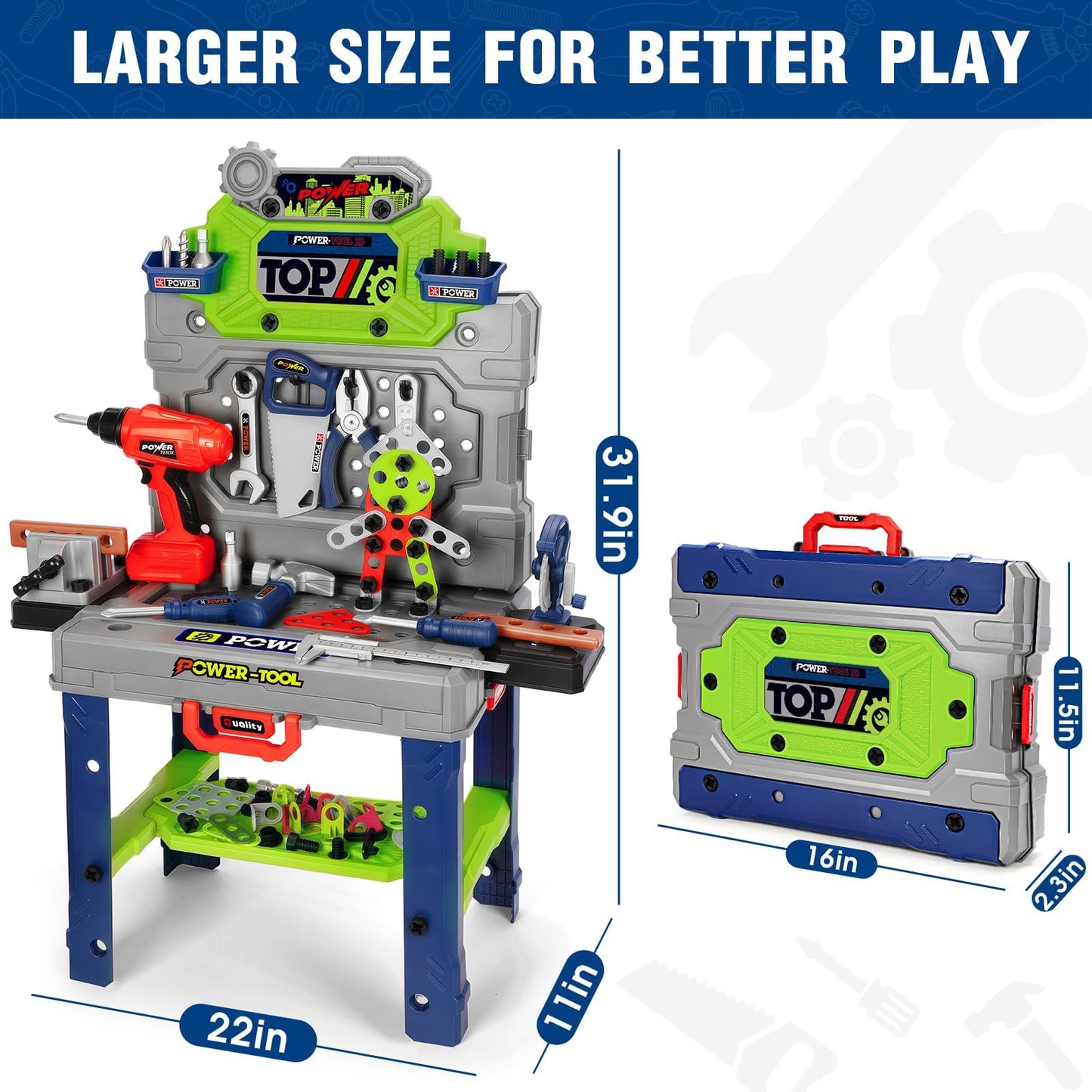 TooyBing Kids Tool Bench Set with Electric Drill – 132-Piece Toddler Construction Toy for 3-5 Year Olds