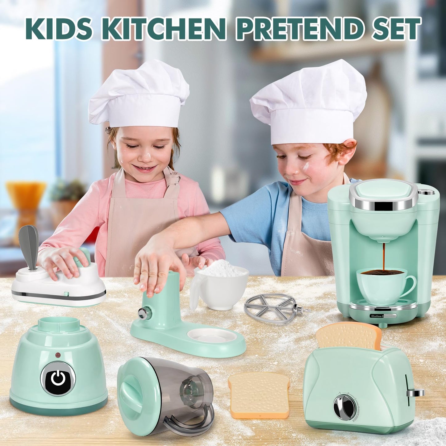 TooyBing Play Kitchen Appliances Toy Set with Sound & Light – Coffee Maker, Mixer, Juicer, Toaster