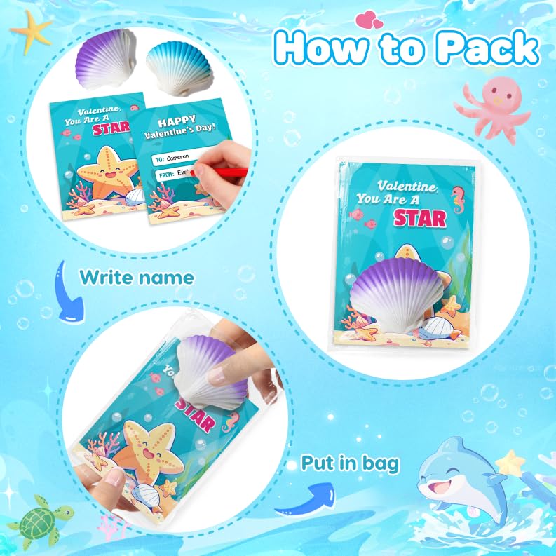 TooyBing Valentines Day Cards for Kids – 30-Pack Seashell Gifts with Marine Life Blind Boxes