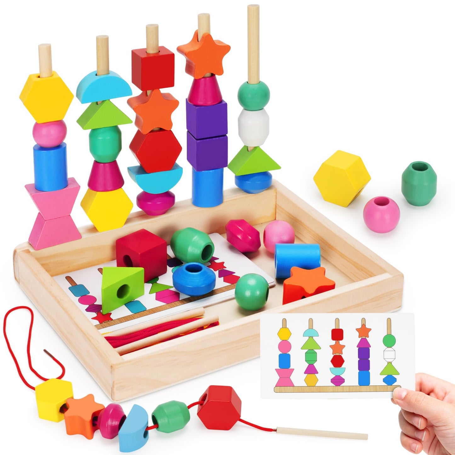 TooyBing Montessori Wooden Lacing Beads – Sequencing & Stacking Toy for 3-4 Year Olds