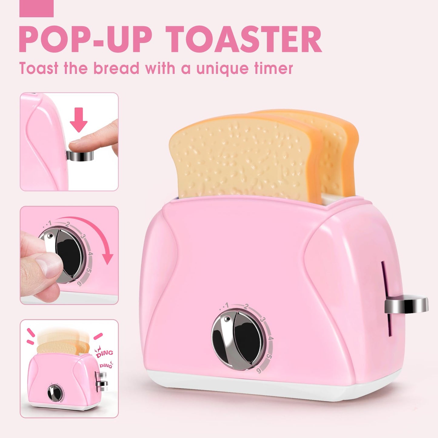 TooyBing Pink Play Kitchen Appliances Toy Set with Sound & Light