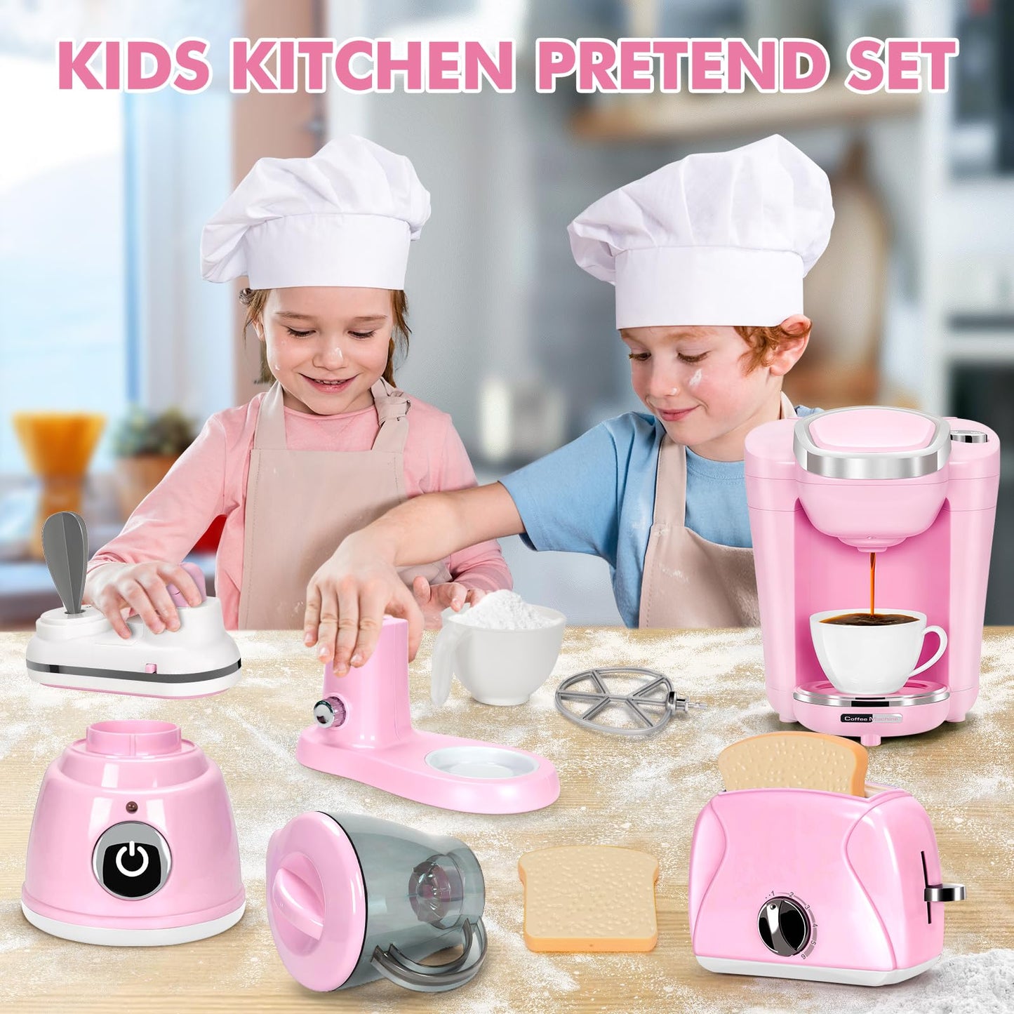 TooyBing Pink Play Kitchen Appliances Toy Set with Sound & Light