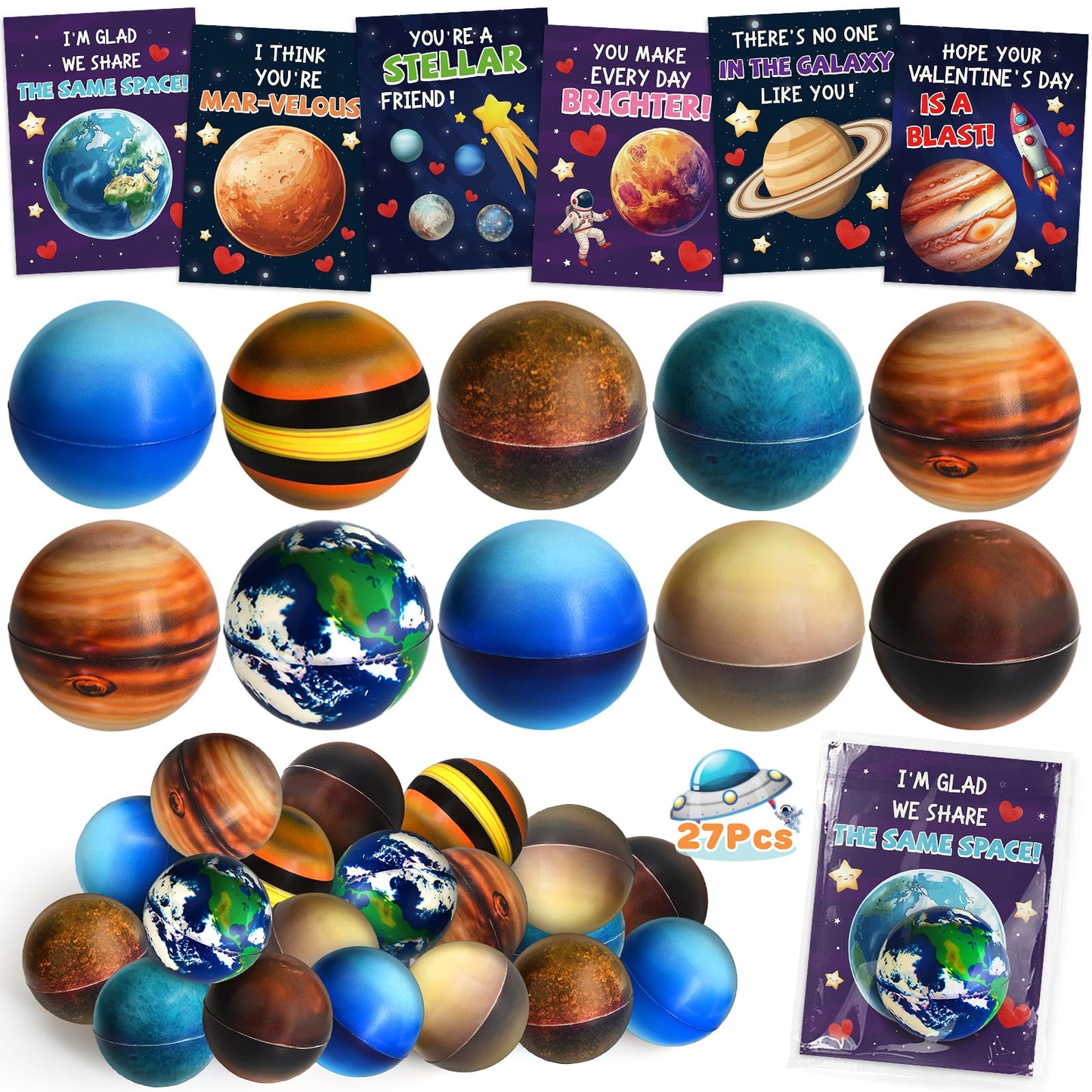TooyBing Valentines Day Gifts for Kids – 27-Pack Space Cards & Planet Ball Toys for Classroom