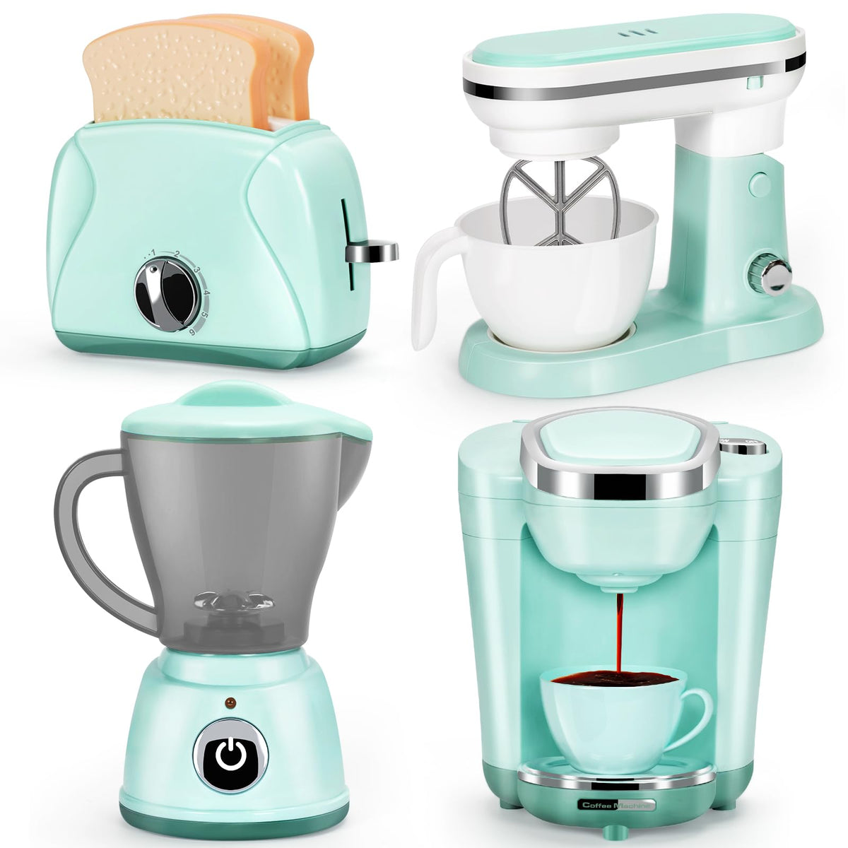 TooyBing Play Kitchen Appliances Toy Set with Sound & Light – Coffee Maker, Mixer, Juicer, Toaster