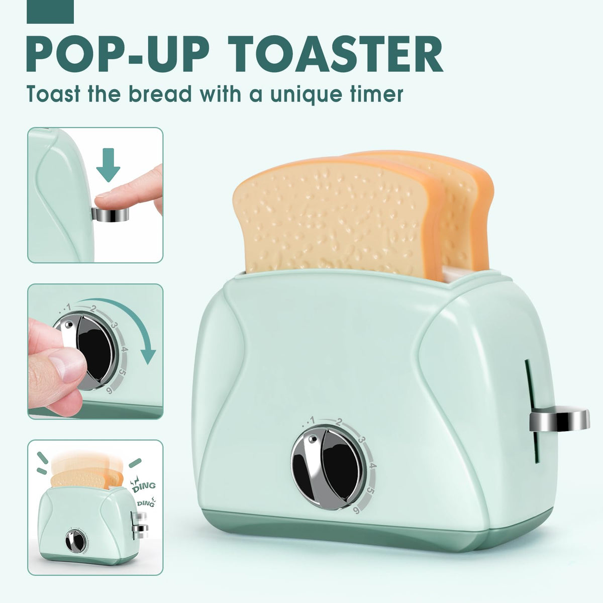 TooyBing Play Kitchen Appliances Toy Set with Sound & Light – Coffee Maker, Mixer, Juicer, Toaster