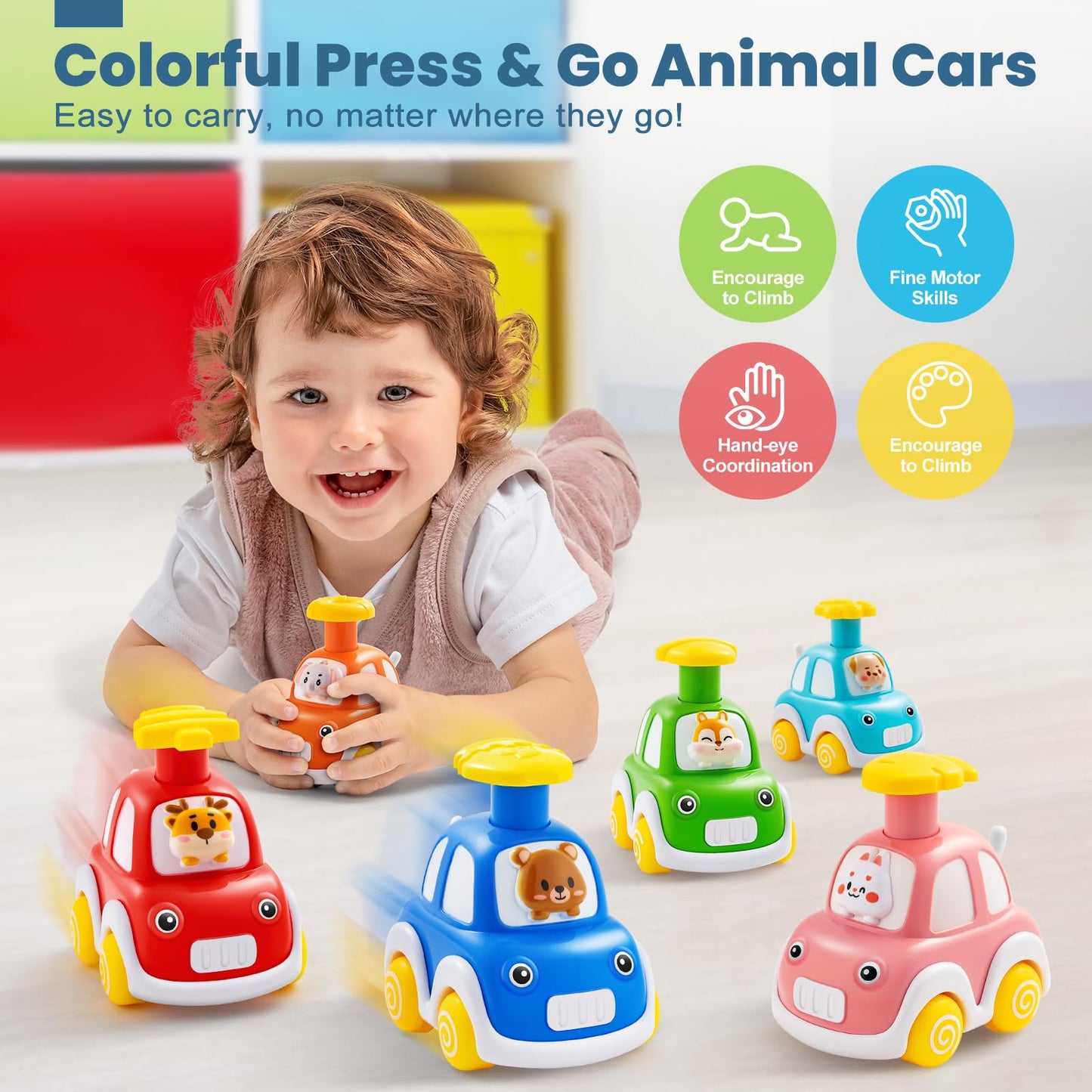 TooyBing Press and Go Car Toys for Toddlers 1-3 | 6-Pack Animal Push Cars for Infants 12-18 Months