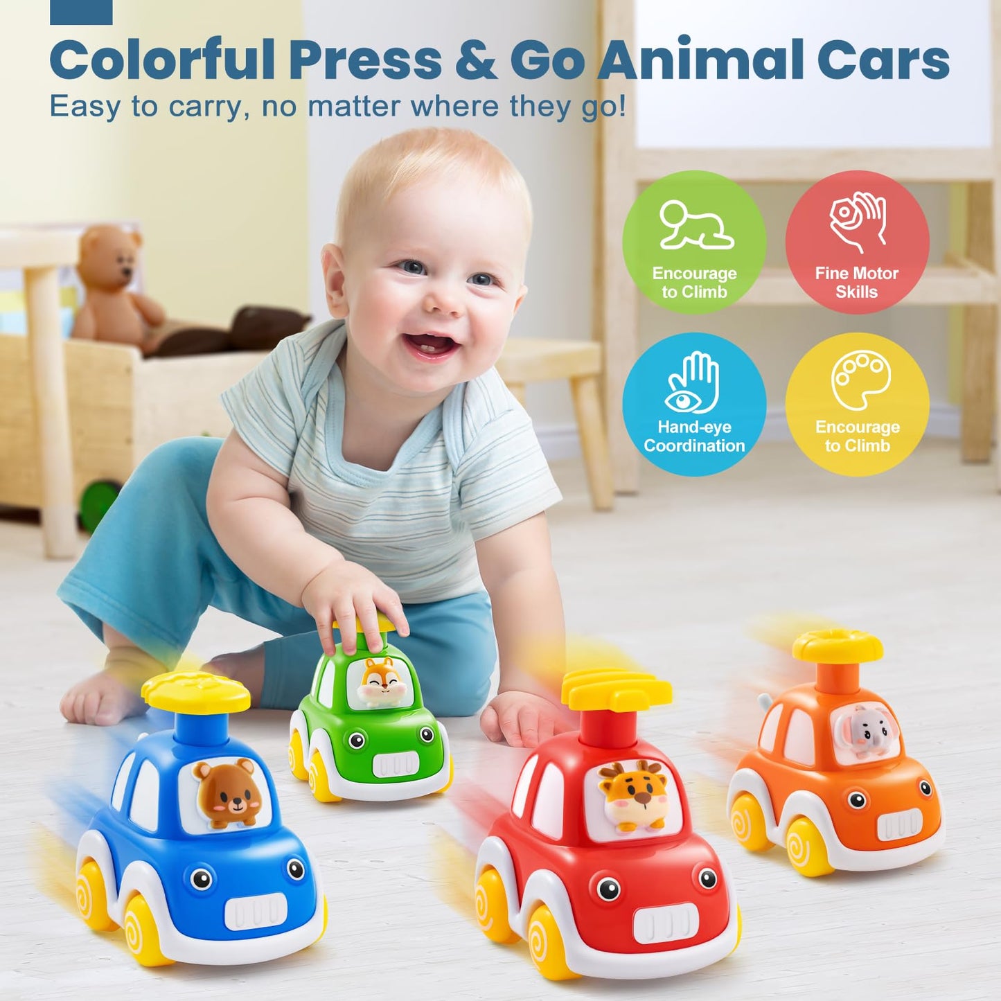 TooyBing Press and Go Car Toys for Toddlers 1-3 — 4-Pack Animal Push Cars
