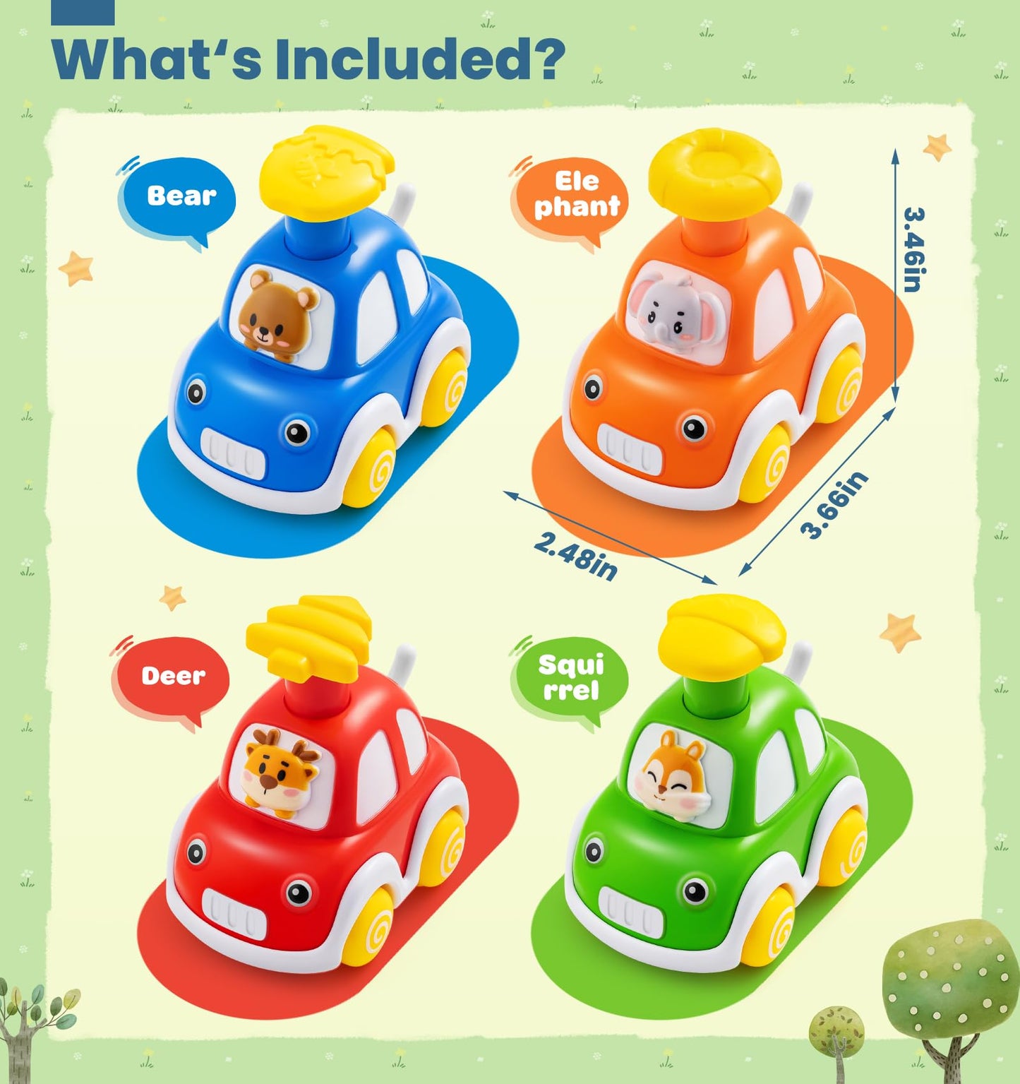 TooyBing Press and Go Car Toys for Toddlers 1-3 — 4-Pack Animal Push Cars
