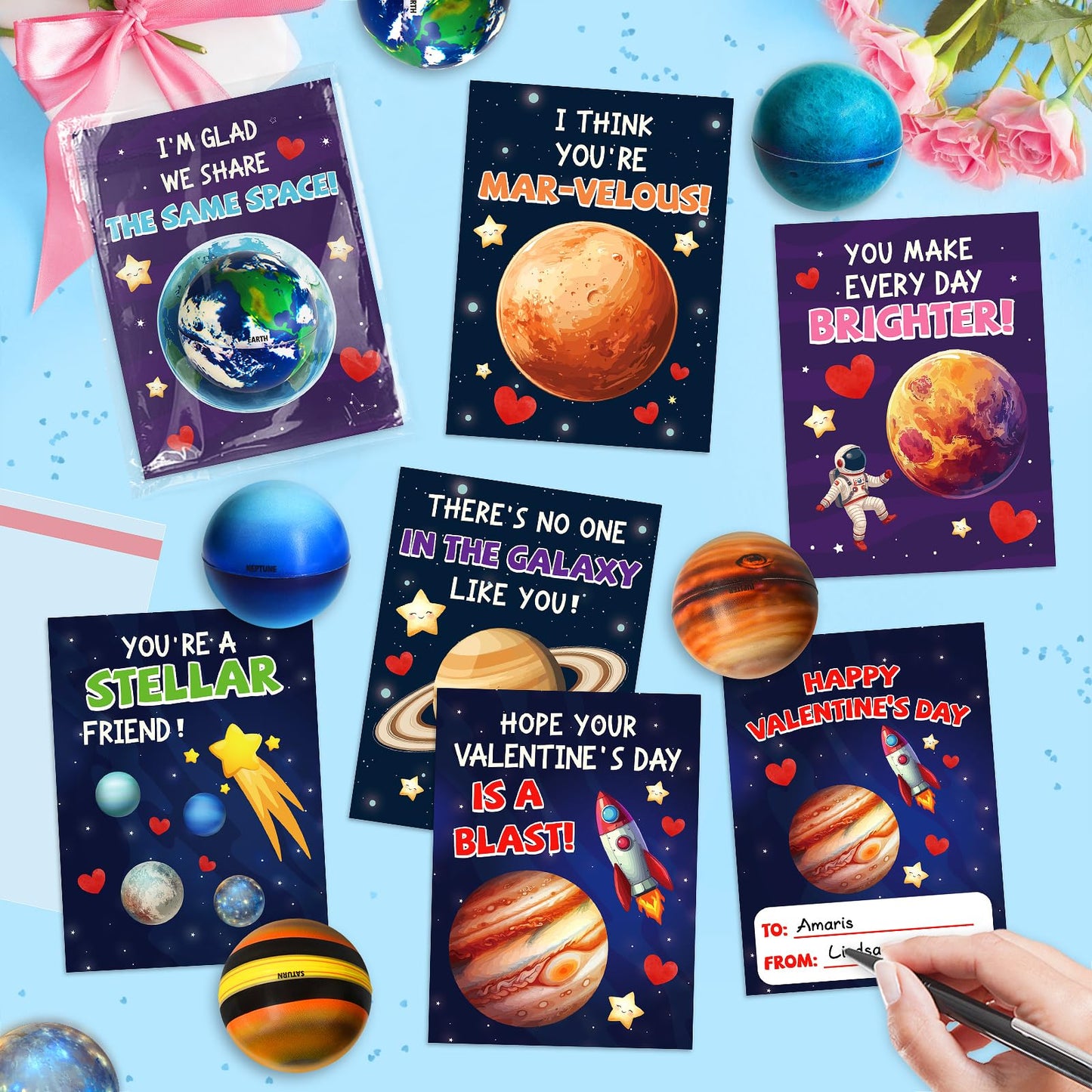 TooyBing Valentines Day Gifts for Kids – 27-Pack Space Cards & Planet Ball Toys for Classroom