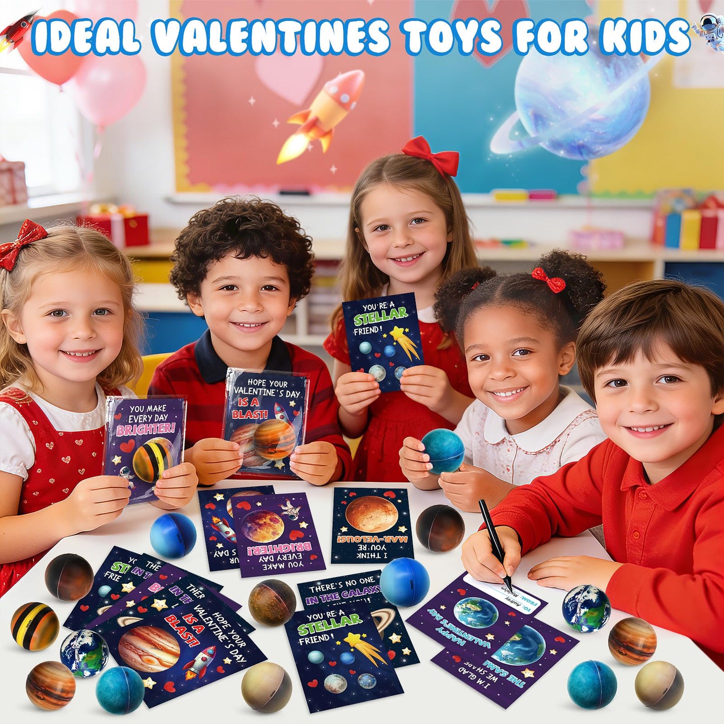 TooyBing Valentines Day Gifts for Kids – 27-Pack Space Cards & Planet Ball Toys for Classroom
