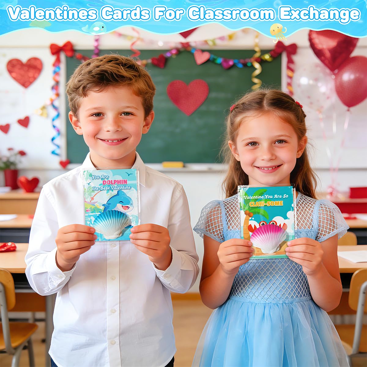 TooyBing Valentines Day Cards for Kids – 30-Pack Seashell Gifts with Marine Life Blind Boxes