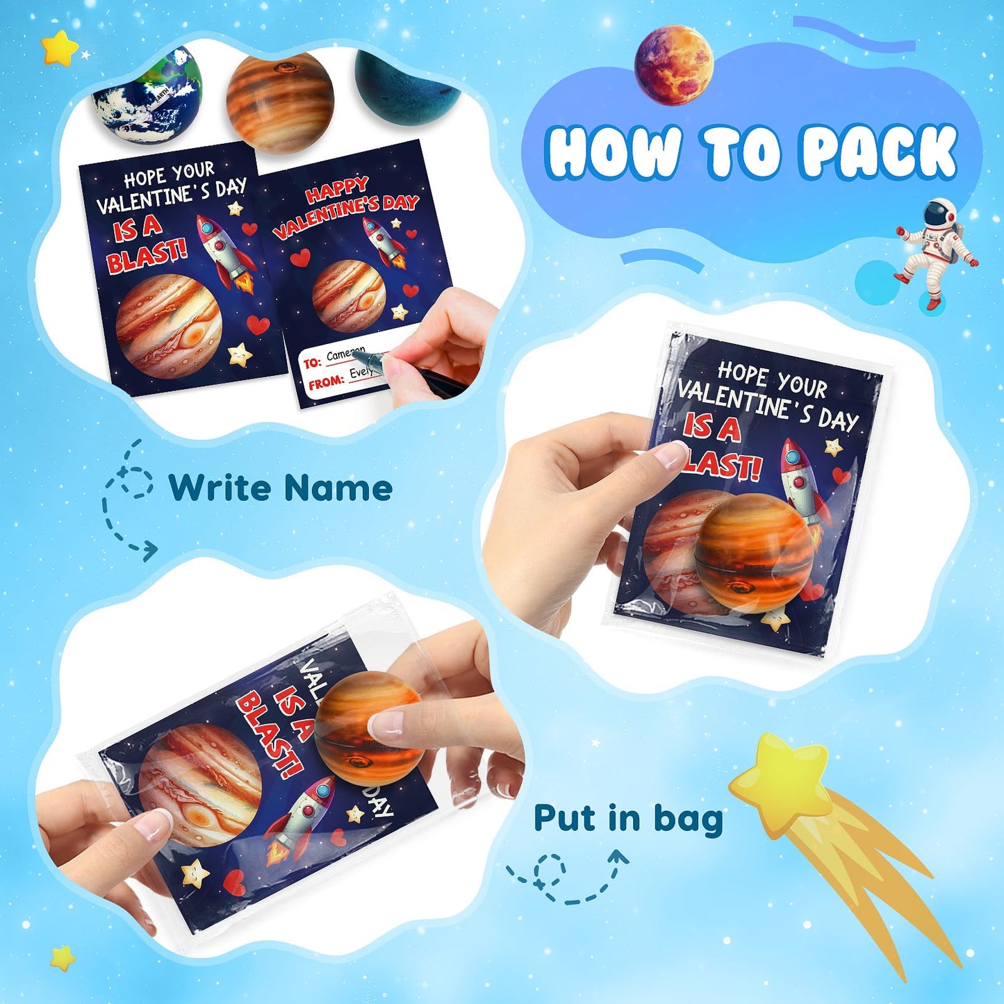 TooyBing Valentines Day Gifts for Kids – 27-Pack Space Cards & Planet Ball Toys for Classroom