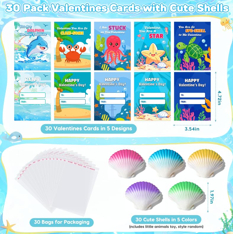 TooyBing Valentines Day Cards for Kids – 30-Pack Seashell Gifts with Marine Life Blind Boxes