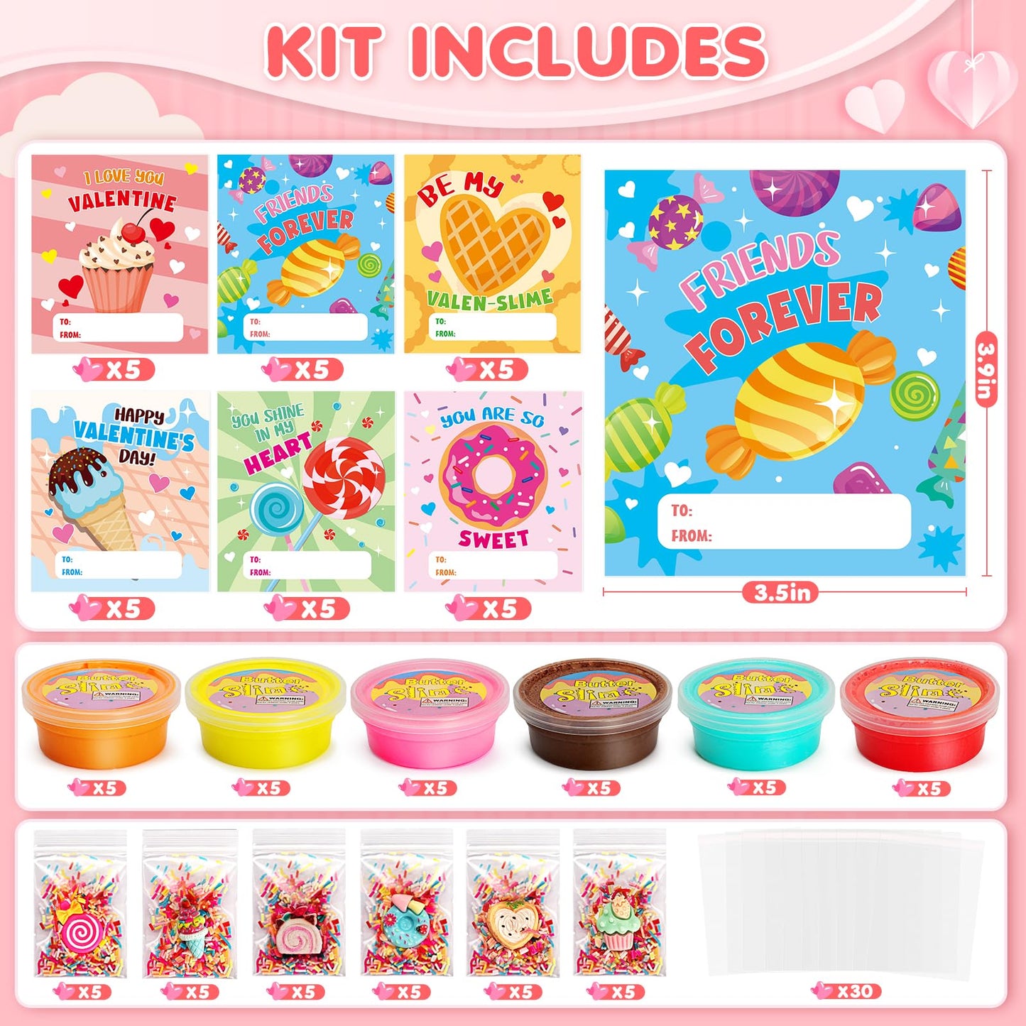 TooyBing Valentines Day Gifts for Kids – 30 Pack Butter Slime & Card Set